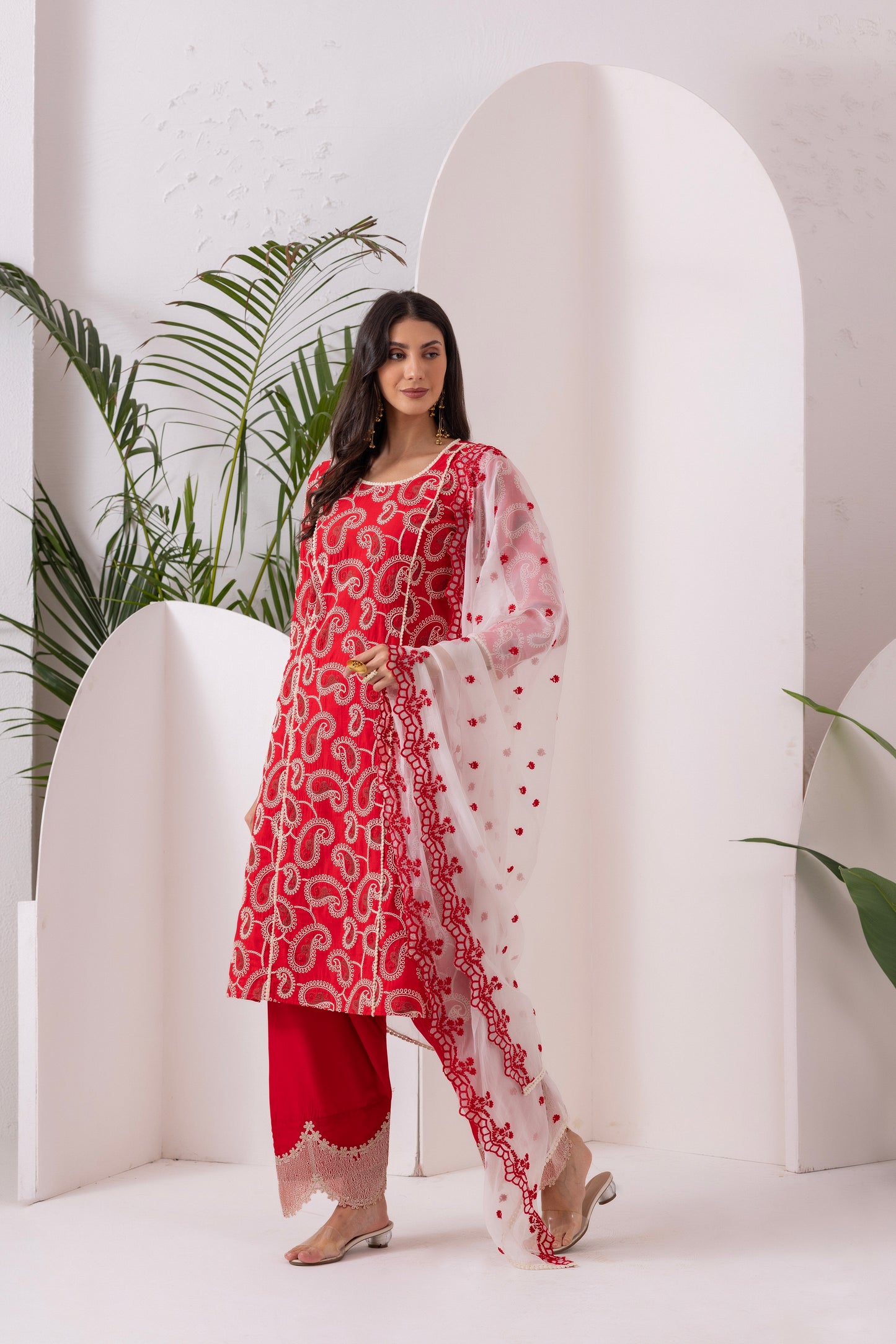 Red Paisley Embroidered Straight Suit Set