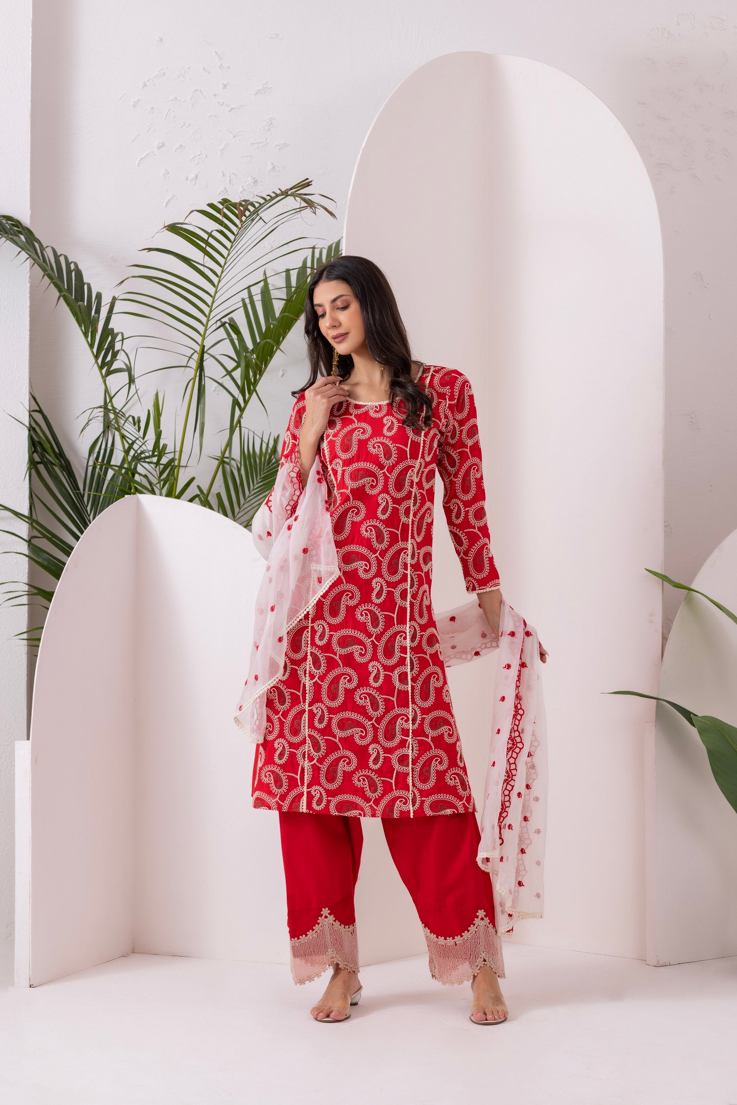 Red Paisley Embroidered Straight Suit Set