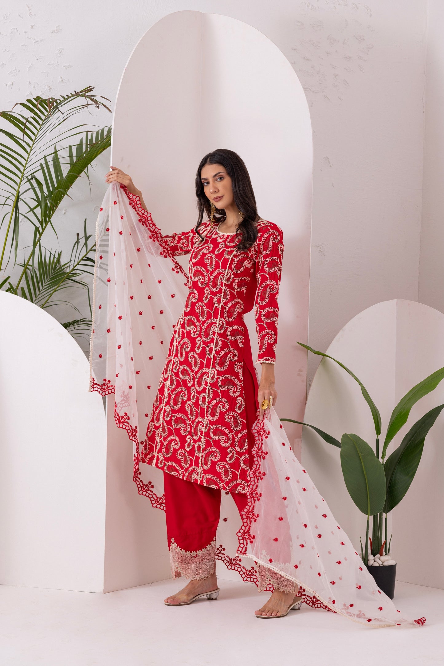 Red Paisley Embroidered Straight Suit Set