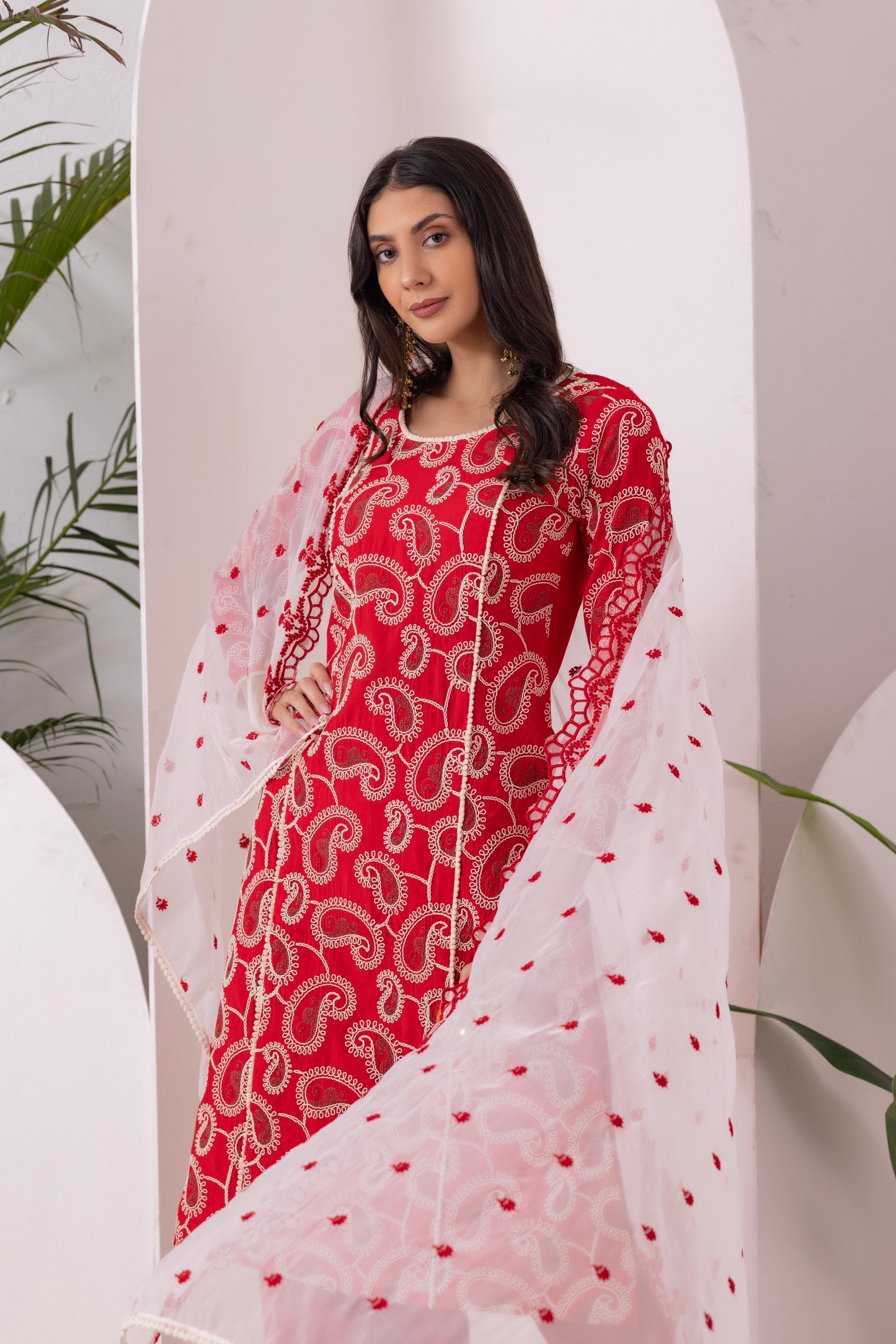 Red Paisley Embroidered Straight Suit Set
