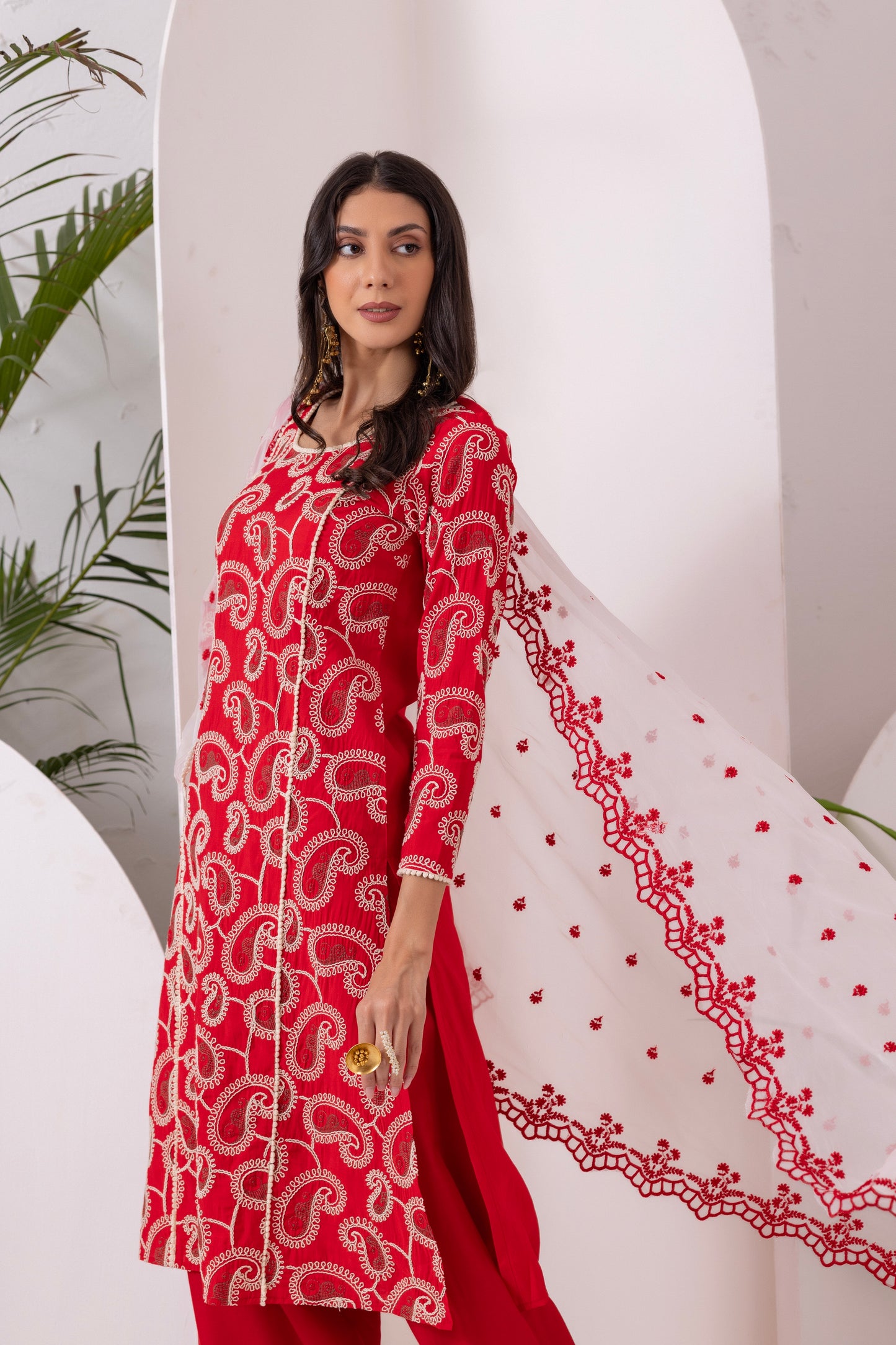 Red Paisley Embroidered Straight Suit Set