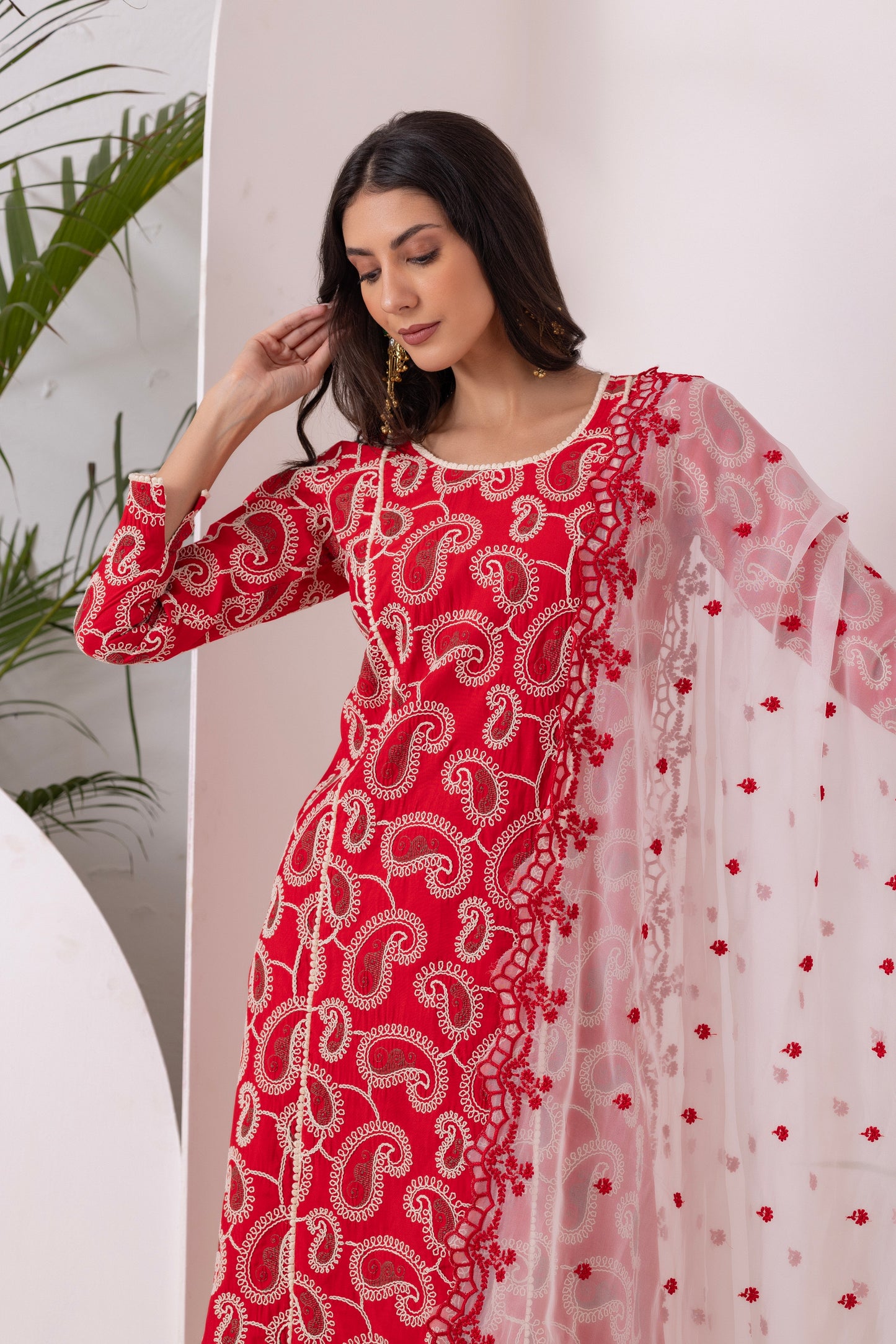 Red Paisley Embroidered Straight Suit Set