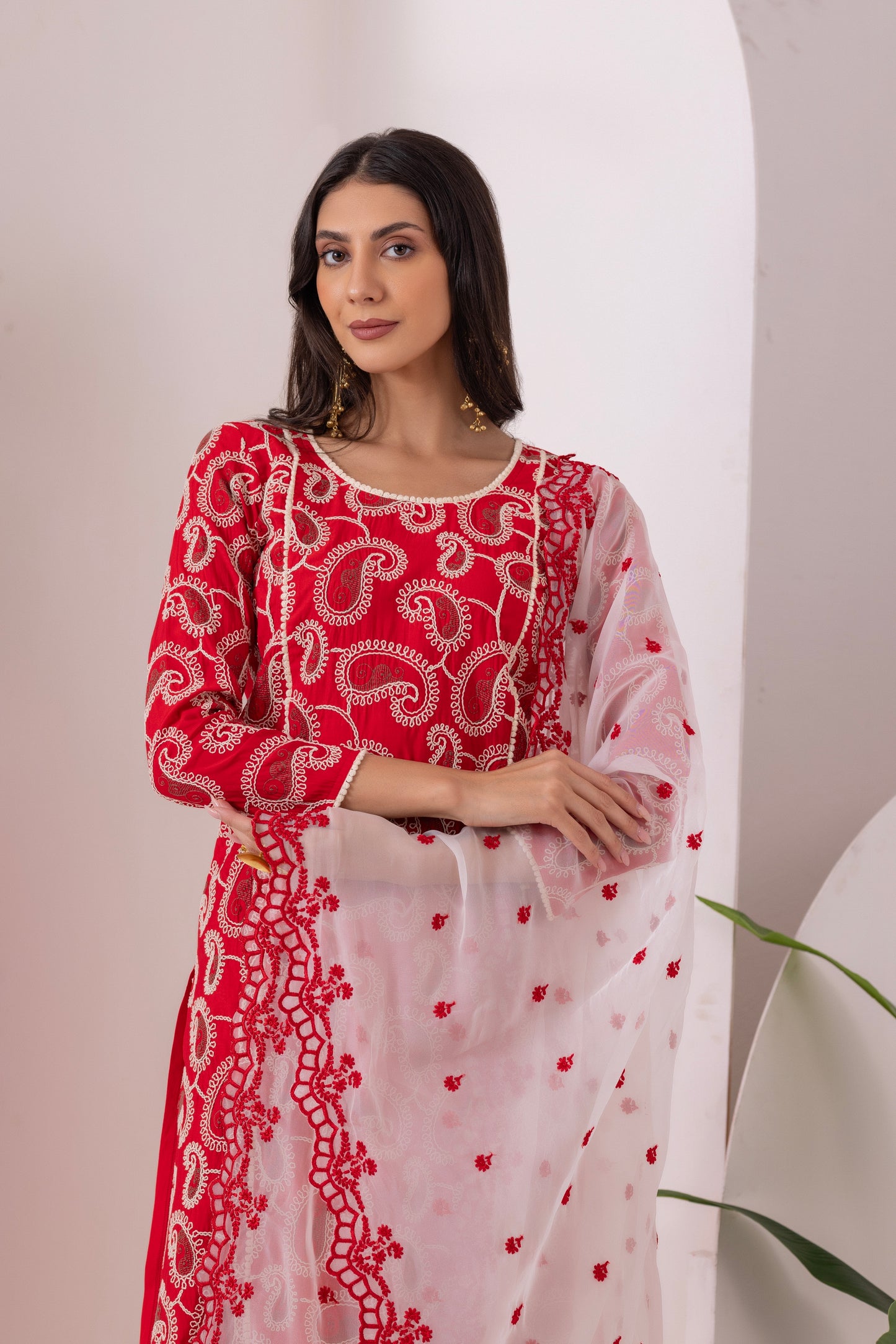 Red Paisley Embroidered Straight Suit Set