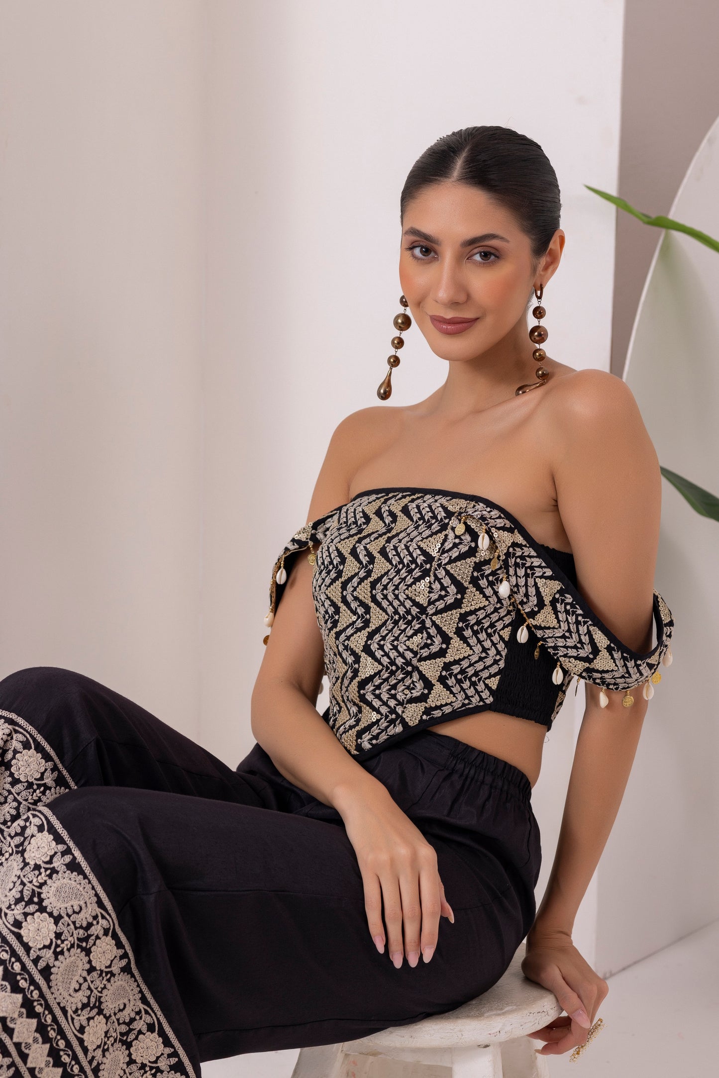 BLACK AND GOLD CORSET WITH WIDE EMBROIDERD PLAZZO FUSION SET