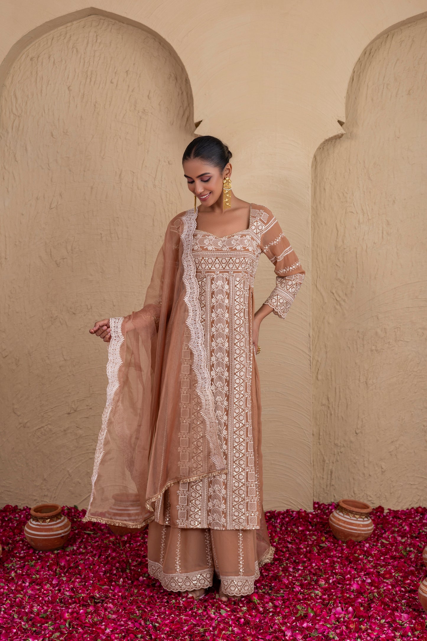 Brown Beige Gold Sequence Embroidered Flared Suit Set