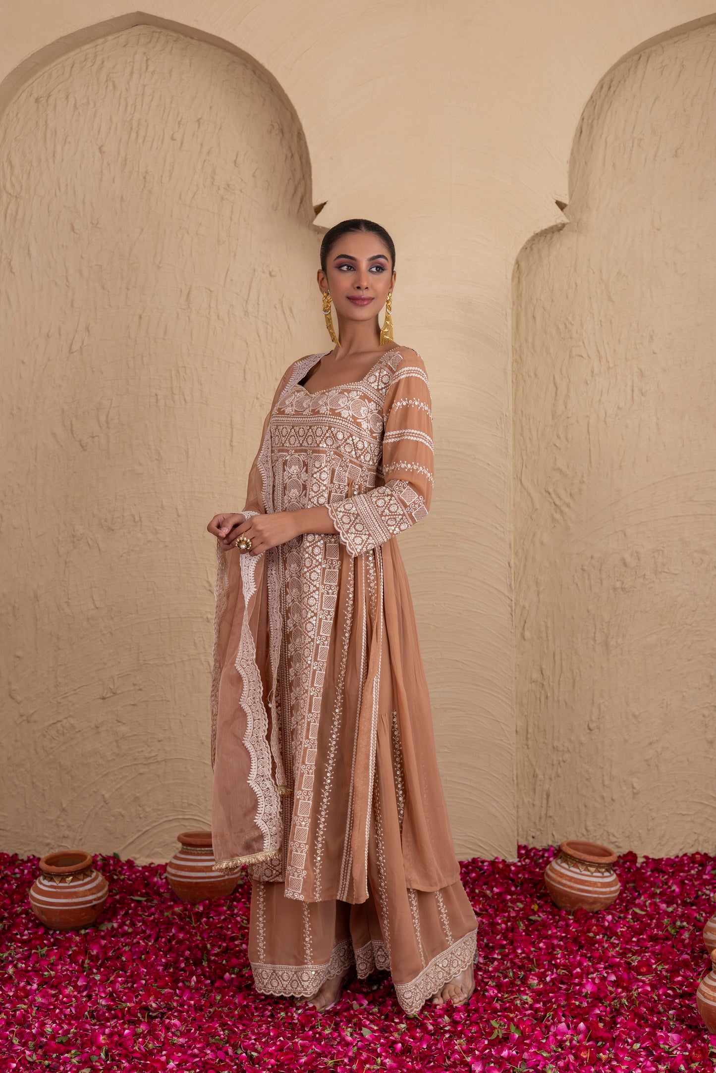 Brown Beige Gold Sequence Embroidered Flared Suit Set