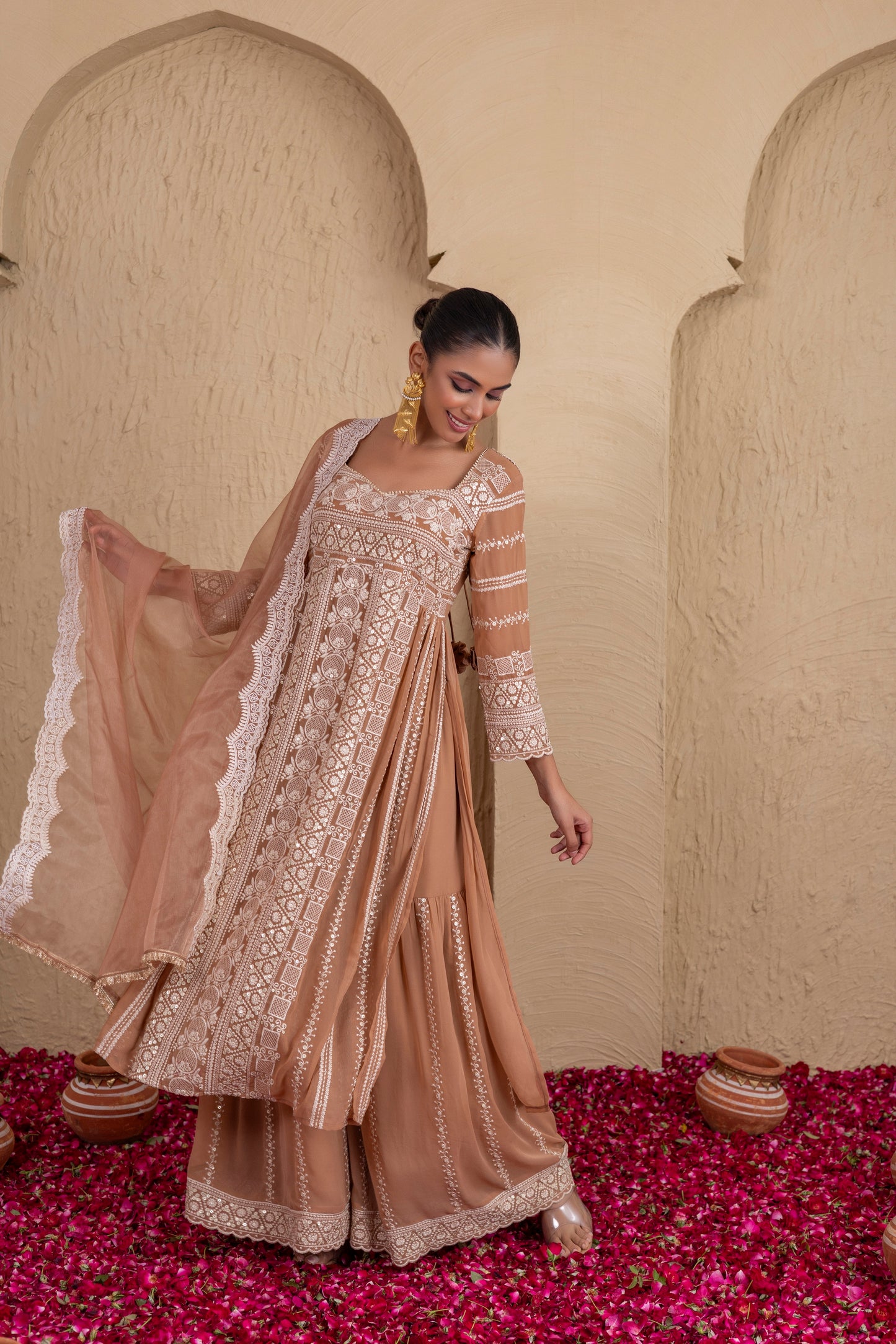 Brown Beige Gold Sequence Embroidered Flared Suit Set