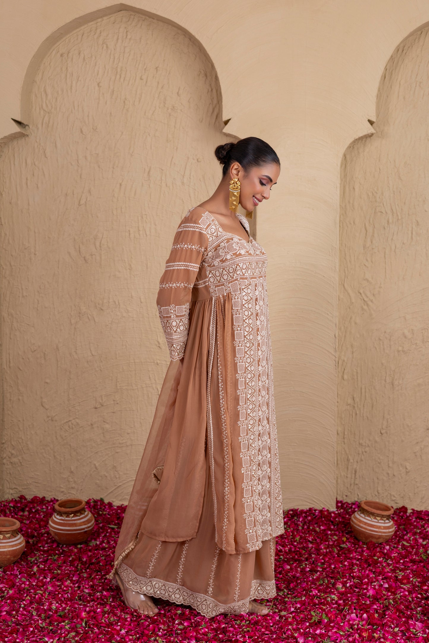 Brown Beige Gold Sequence Embroidered Flared Suit Set