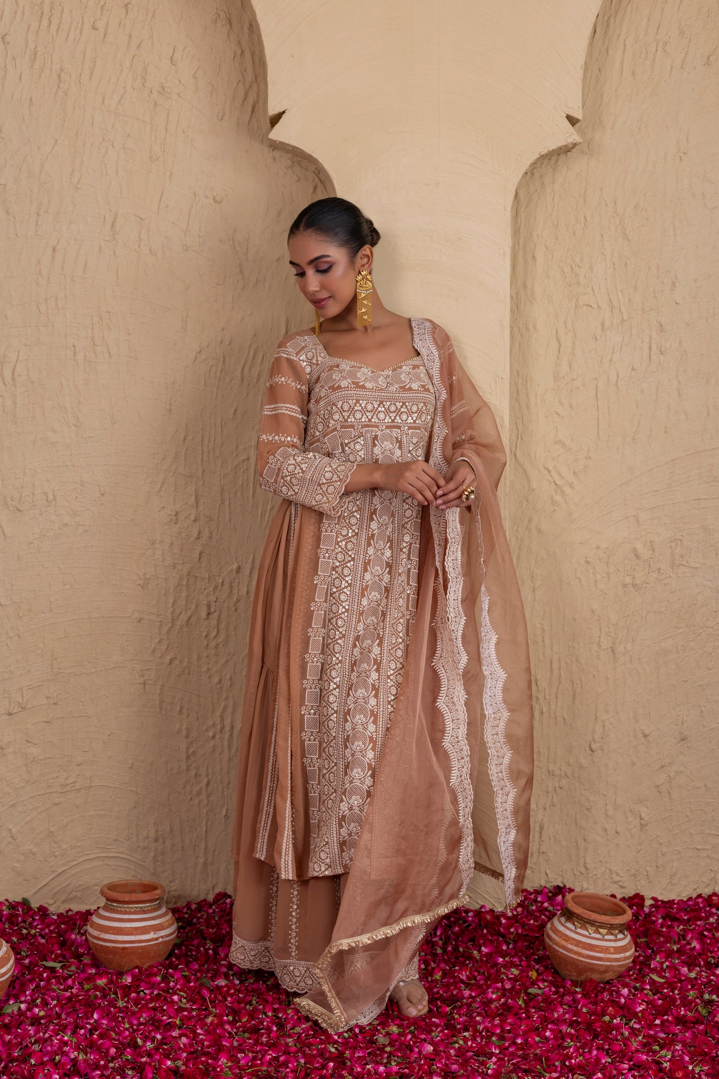 Brown Beige Gold Sequence Embroidered Flared Suit Set