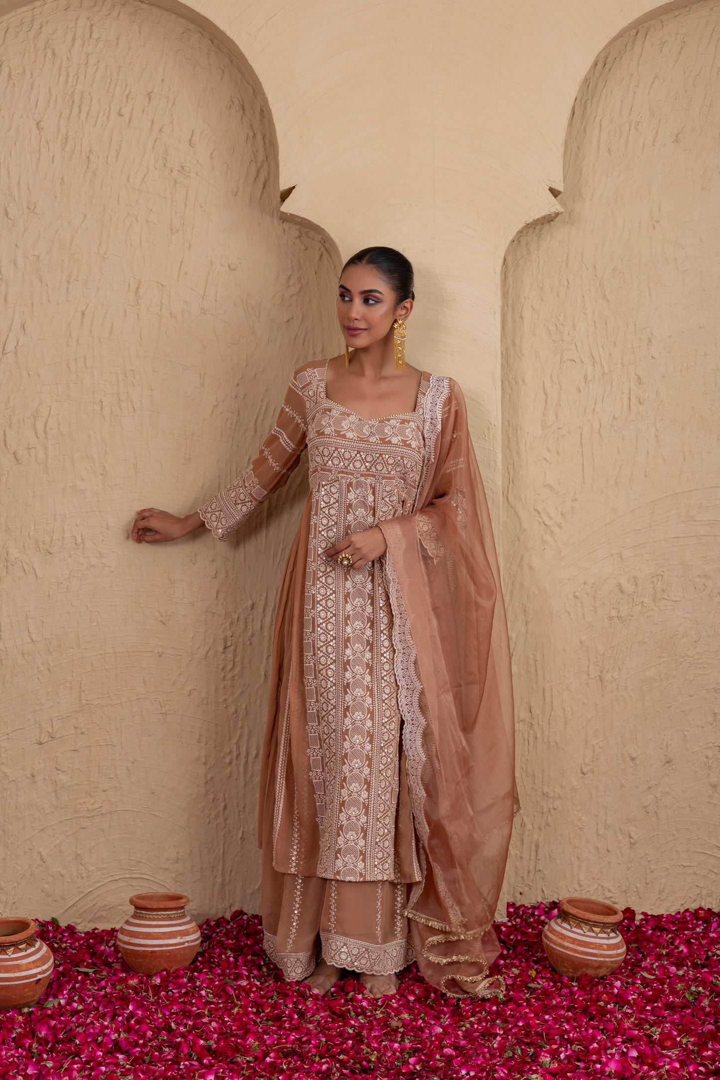 Brown Beige Gold Sequence Embroidered Flared Suit Set