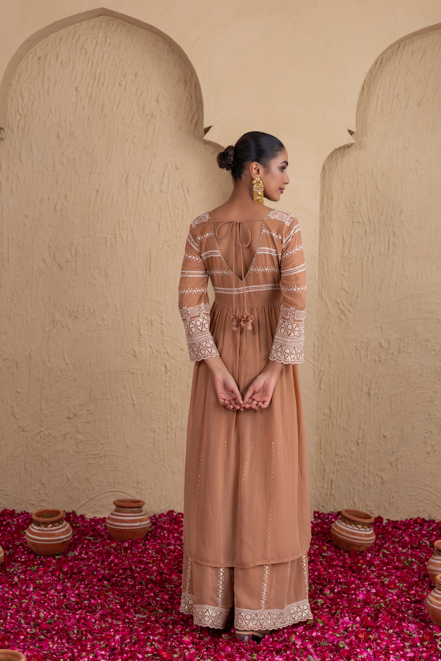 Brown Beige Gold Sequence Embroidered Flared Suit Set