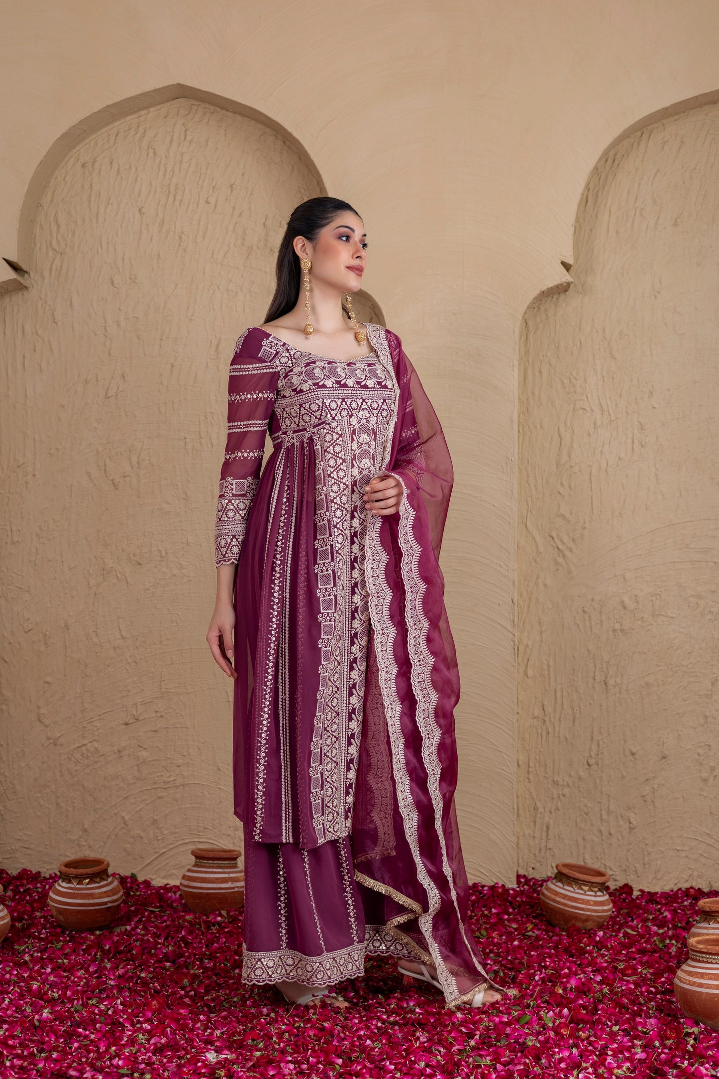 DEEP PLUM GOLD SEQUENCE FLARED SUIT SET