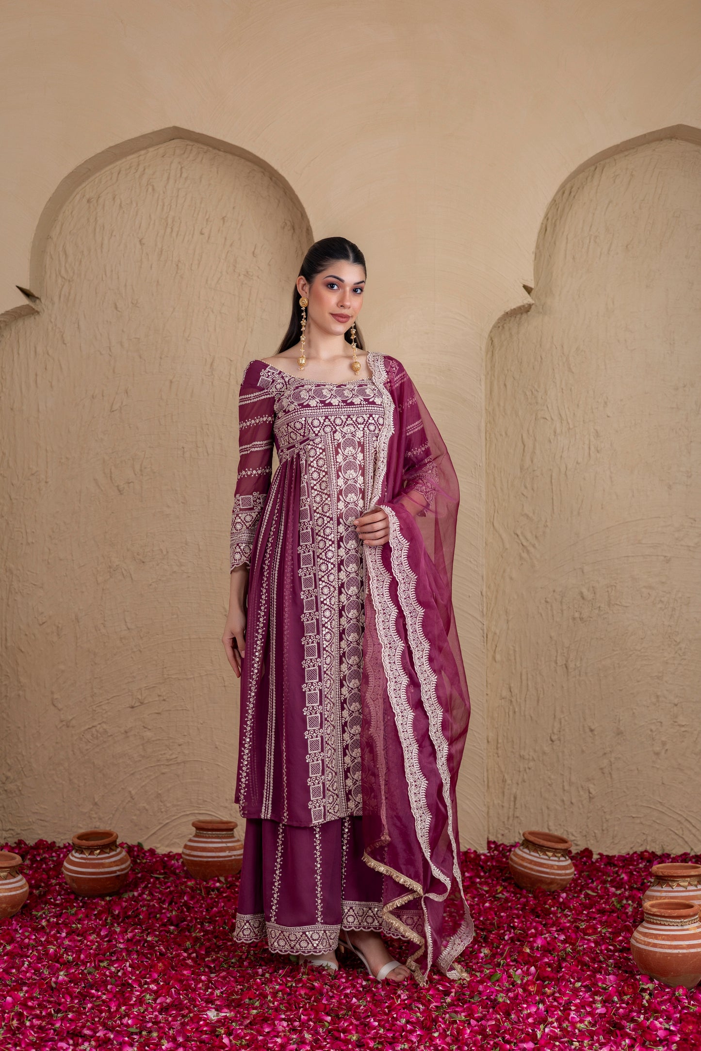 DEEP PLUM GOLD SEQUENCE FLARED SUIT SET