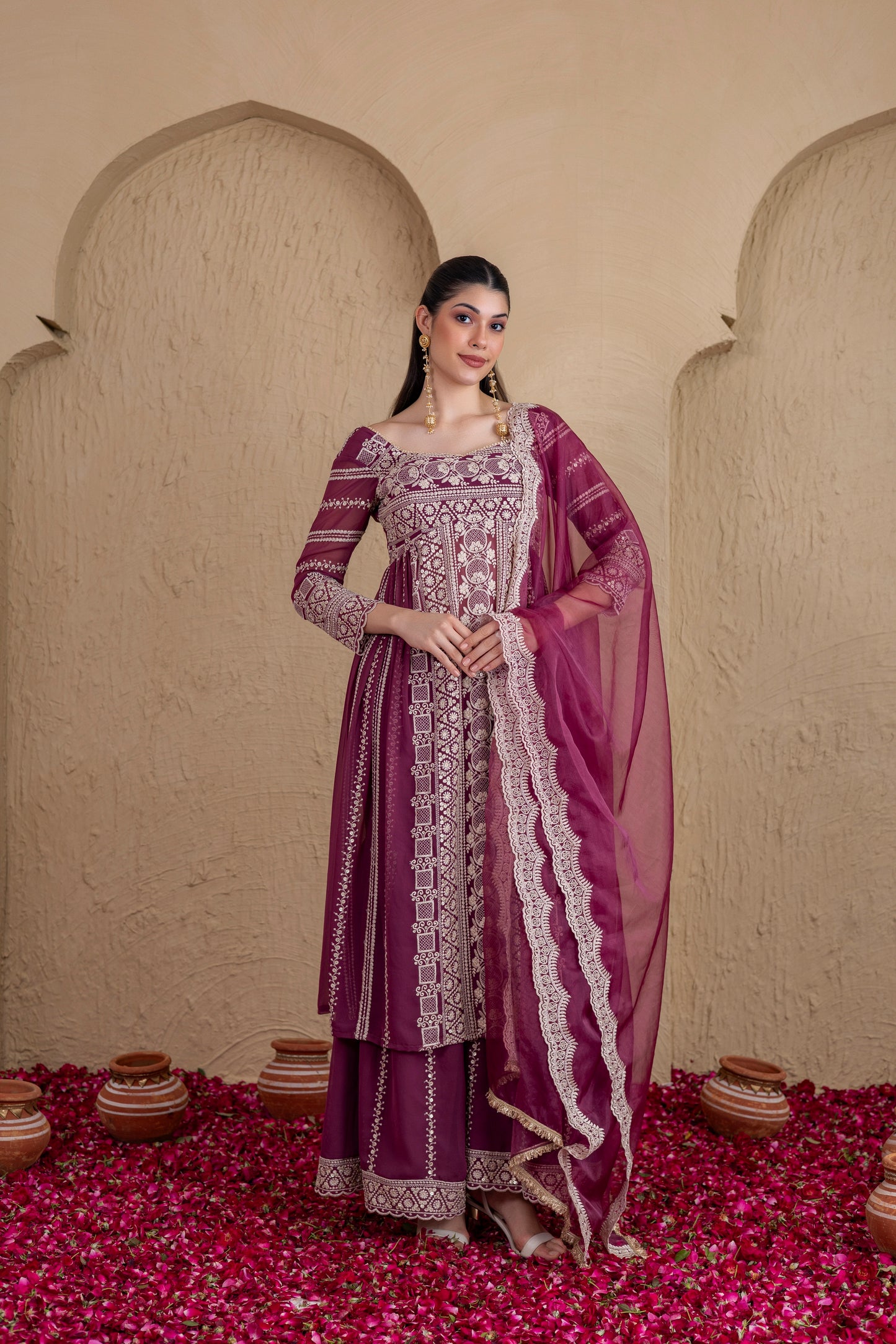 DEEP PLUM GOLD SEQUENCE FLARED SUIT SET