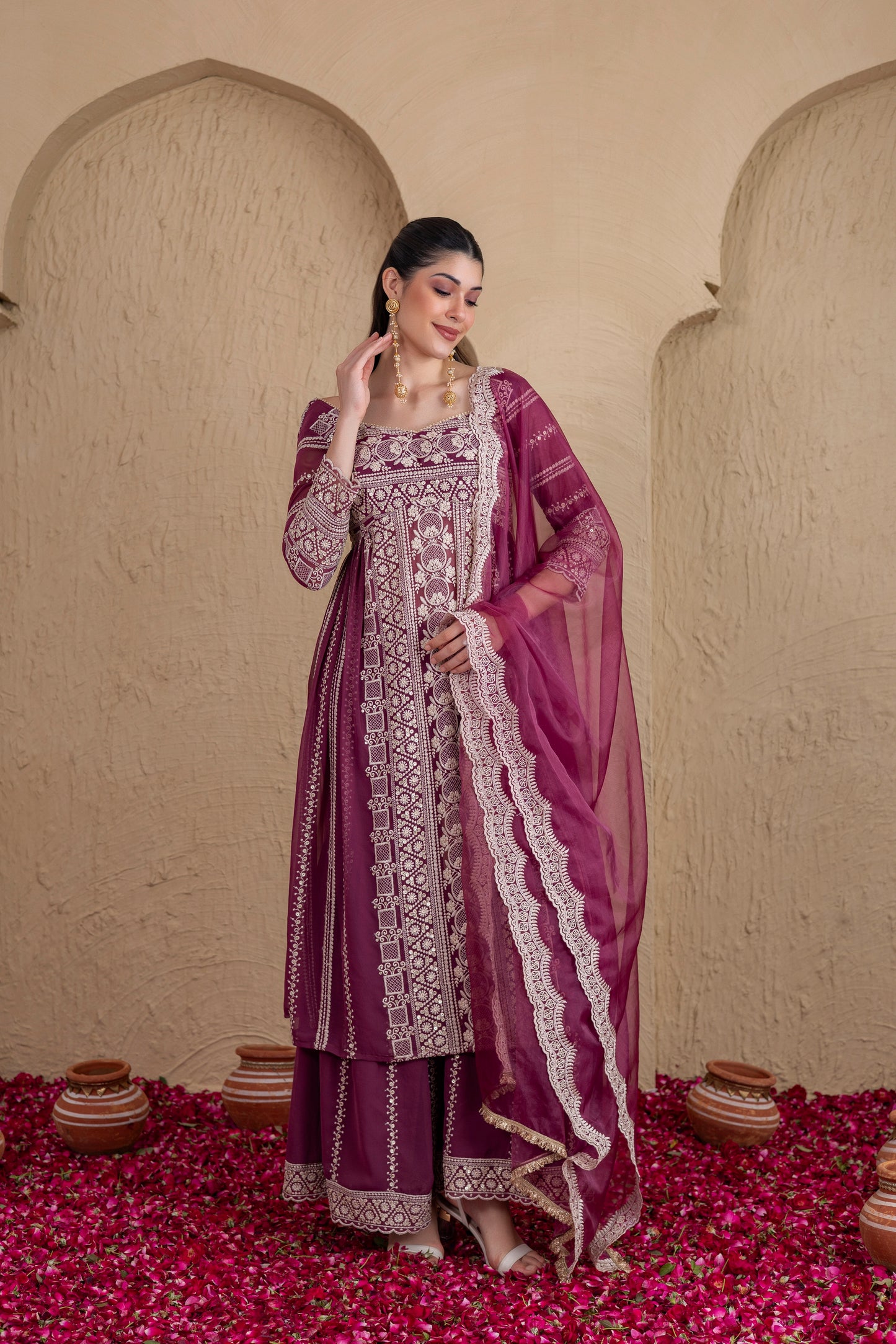 DEEP PLUM GOLD SEQUENCE FLARED SUIT SET