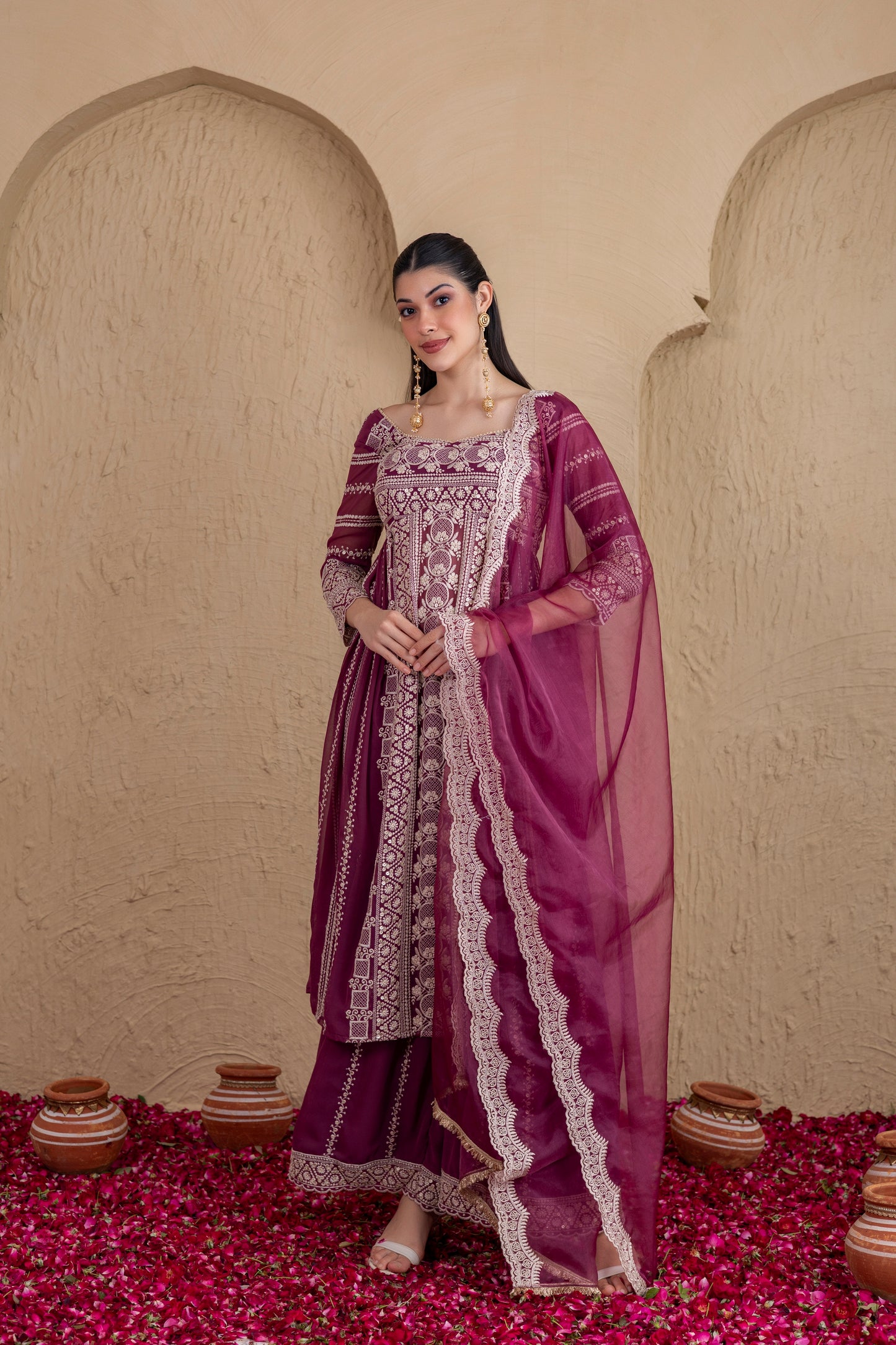 DEEP PLUM GOLD SEQUENCE FLARED SUIT SET