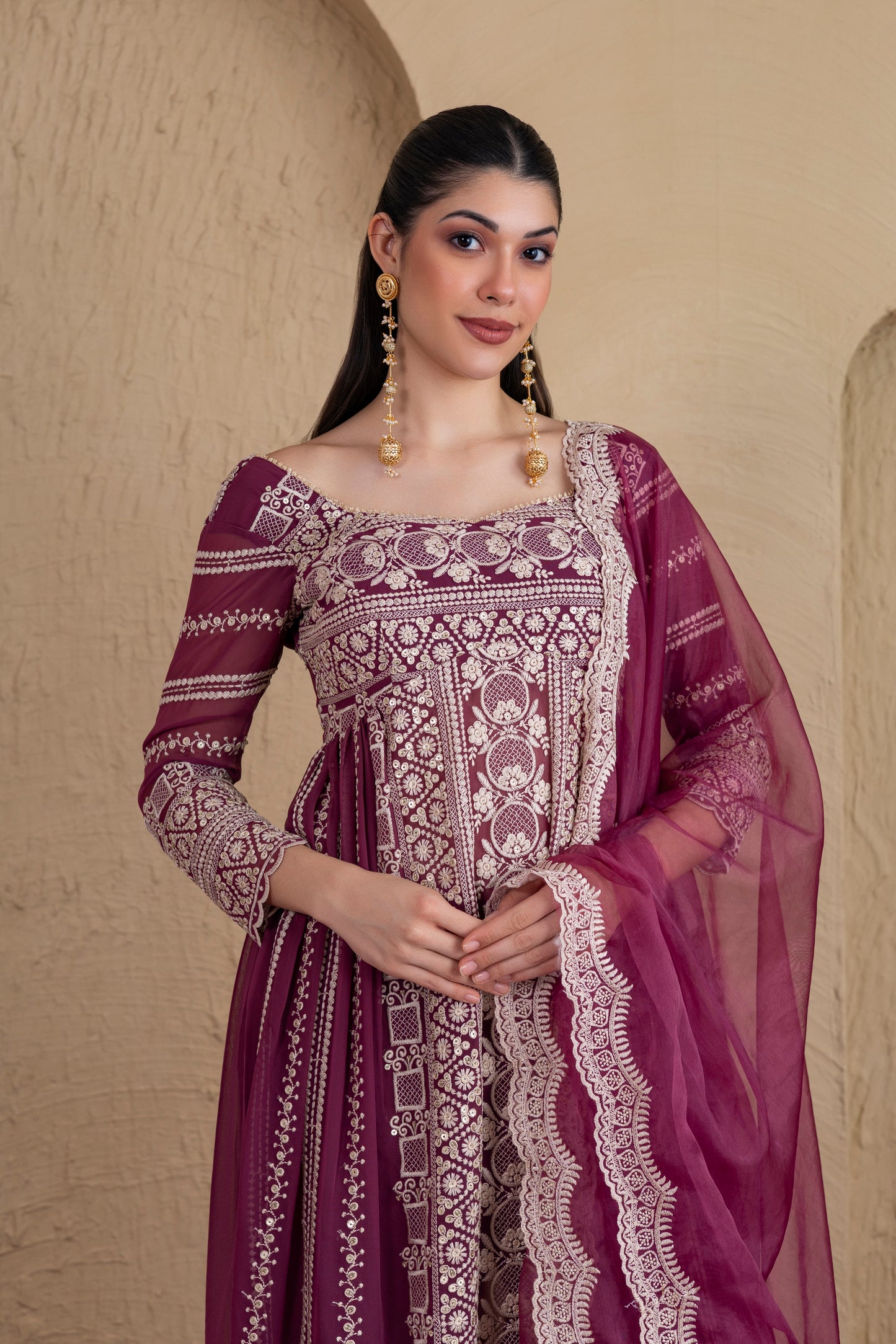 DEEP PLUM GOLD SEQUENCE FLARED SUIT SET