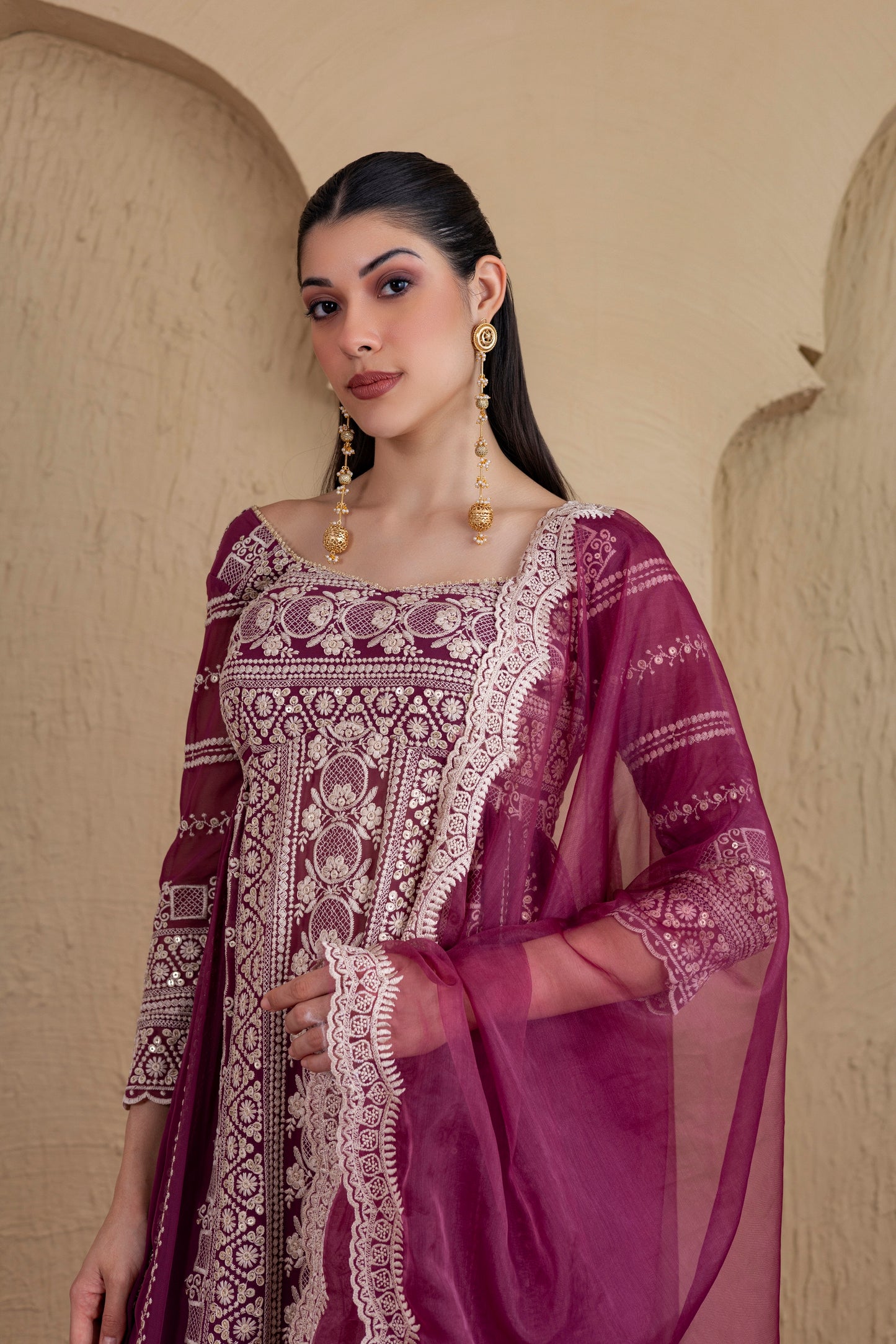 DEEP PLUM GOLD SEQUENCE FLARED SUIT SET