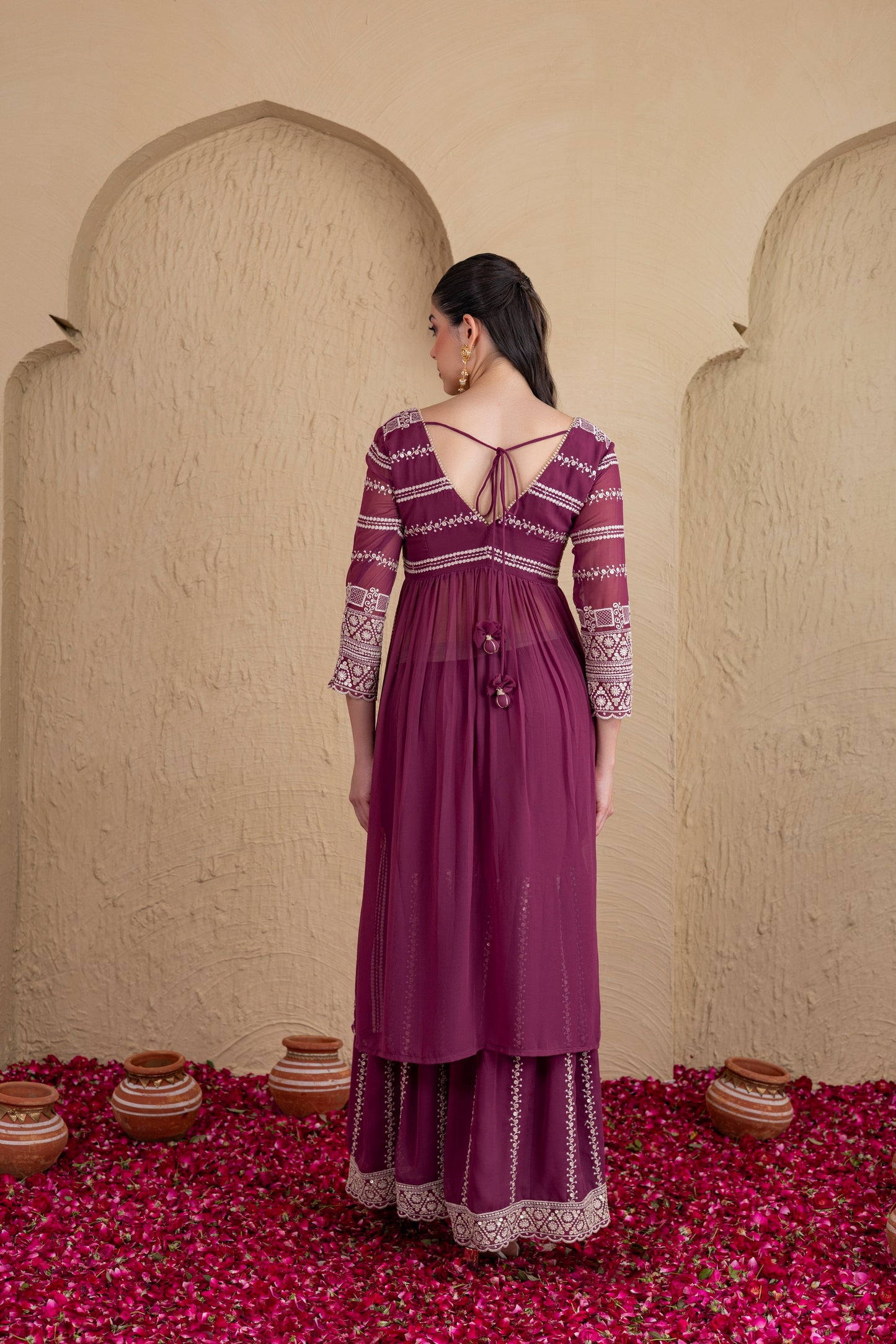 DEEP PLUM GOLD SEQUENCE FLARED SUIT SET