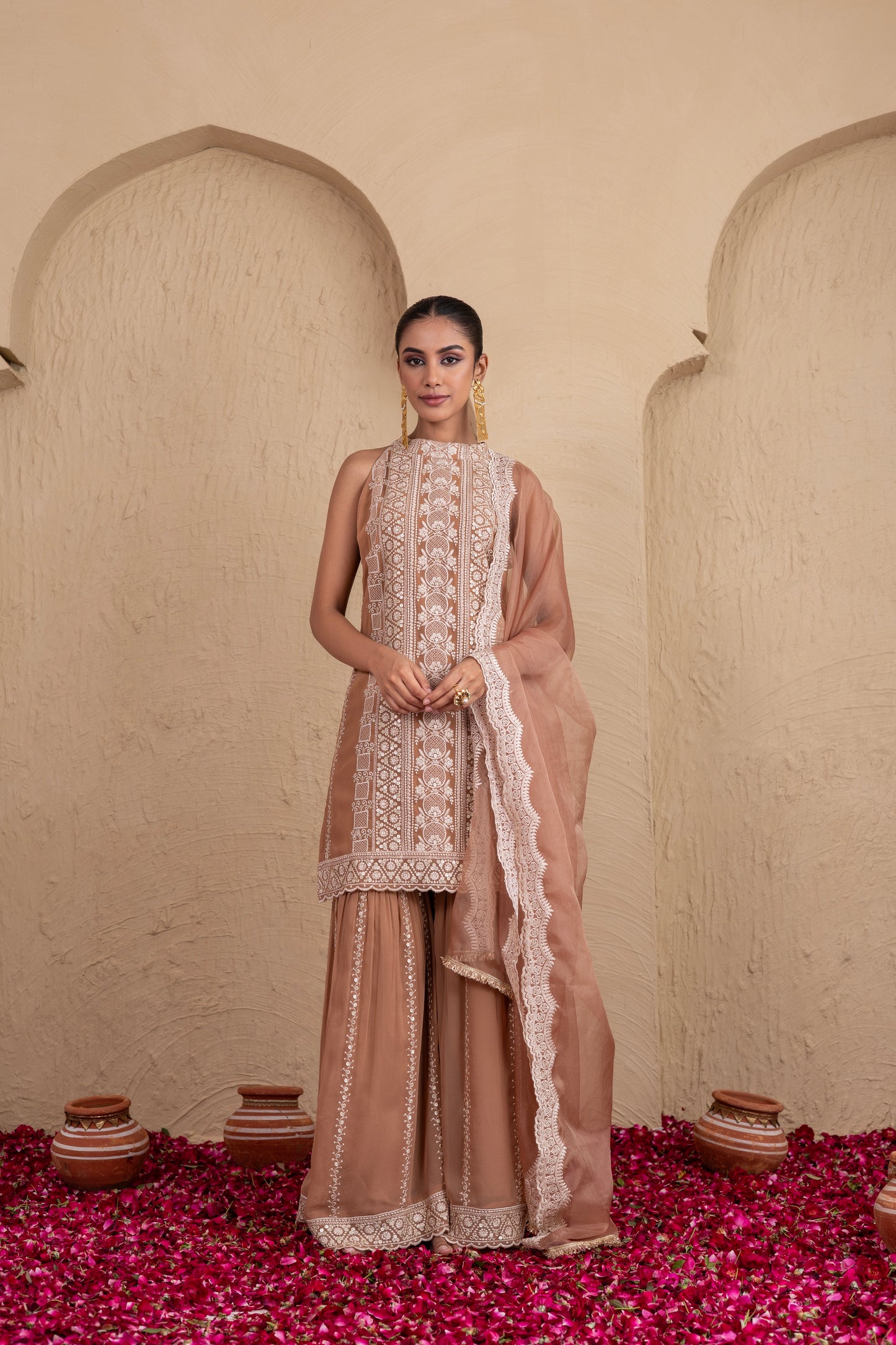 Caramel and Cream Gold Sequence Halter Suit Set
