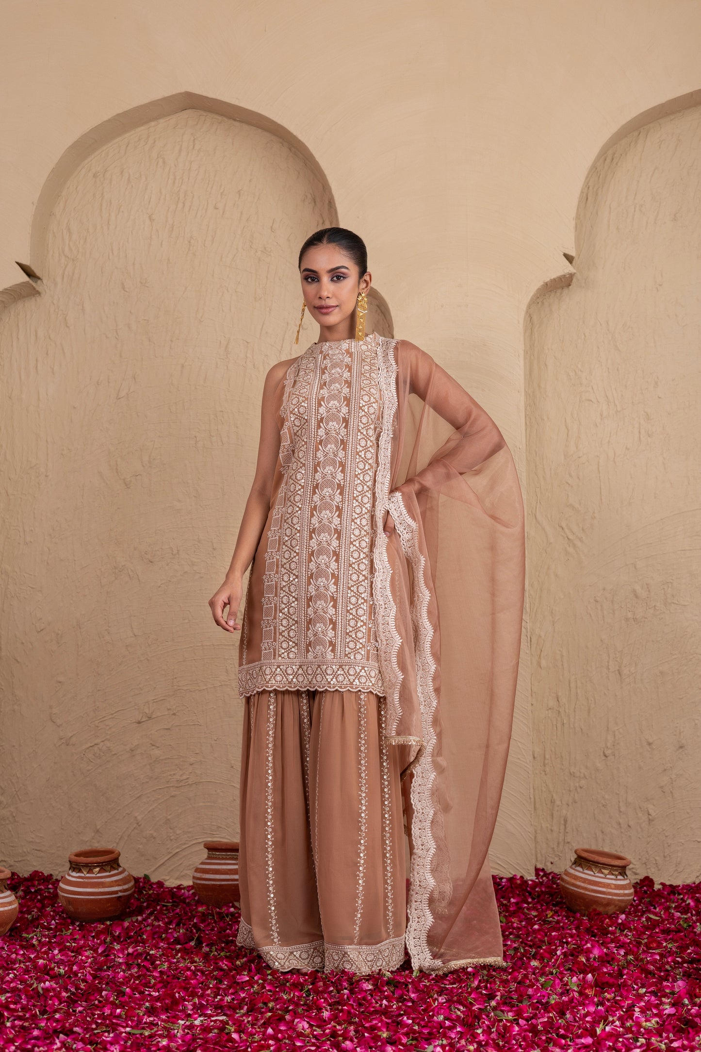 Caramel and Cream Gold Sequence Halter Suit Set