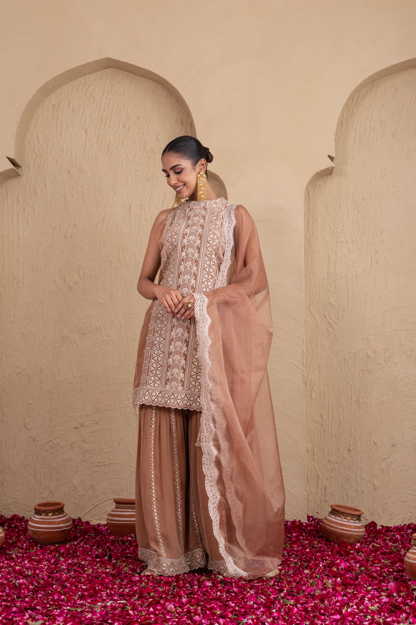 Caramel and Cream Gold Sequence Halter Suit Set