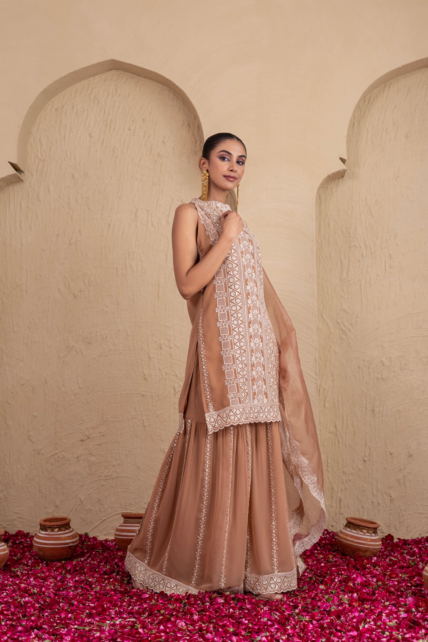 Caramel and Cream Gold Sequence Halter Suit Set