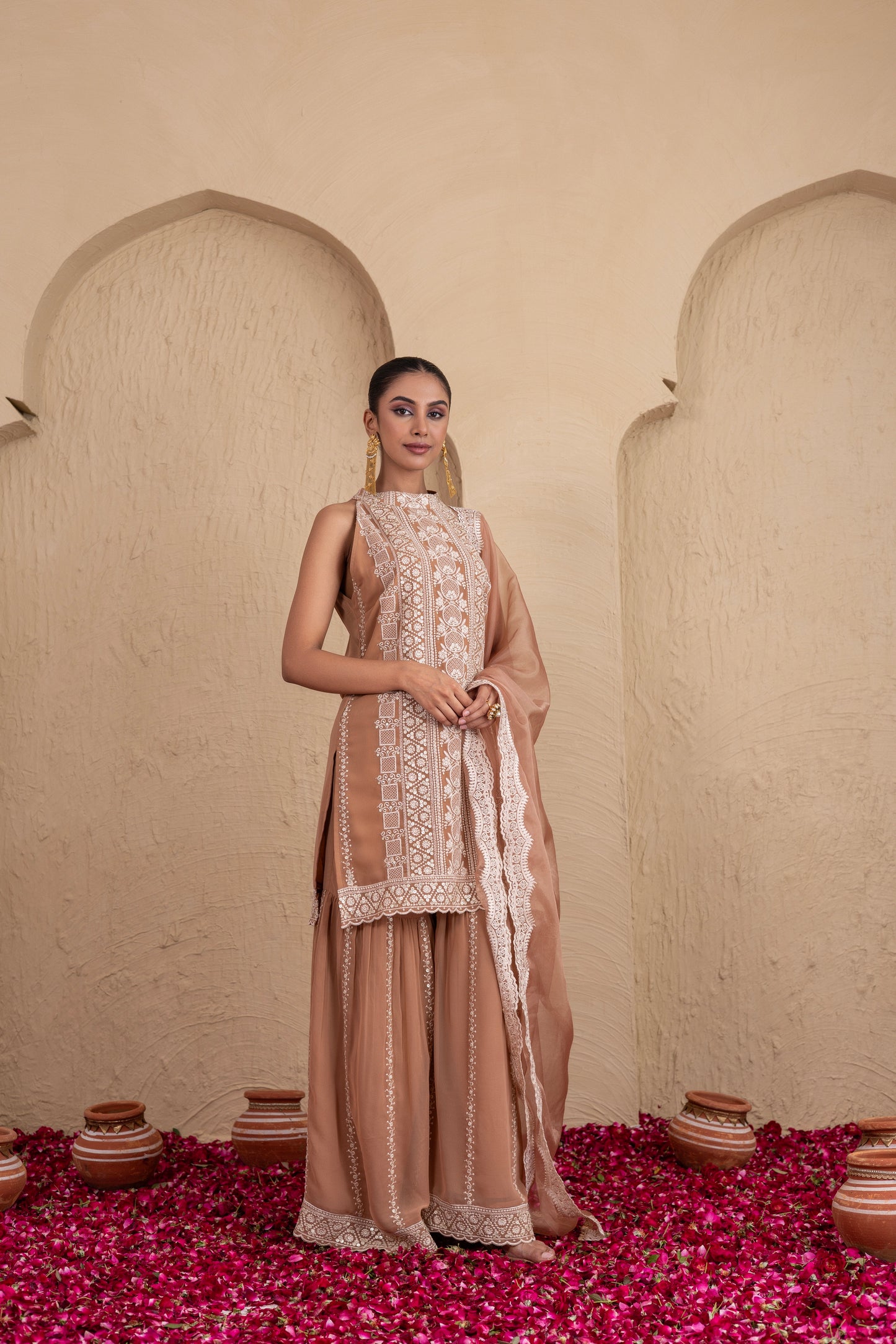 Caramel and Cream Gold Sequence Halter Suit Set