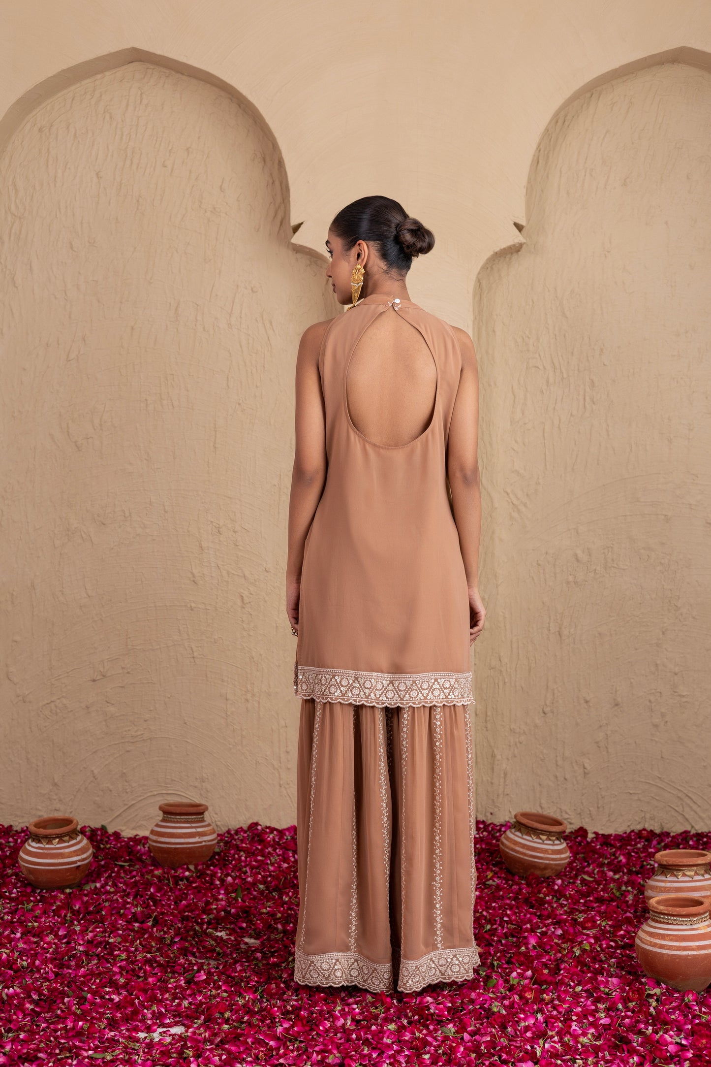 Caramel and Cream Gold Sequence Halter Suit Set