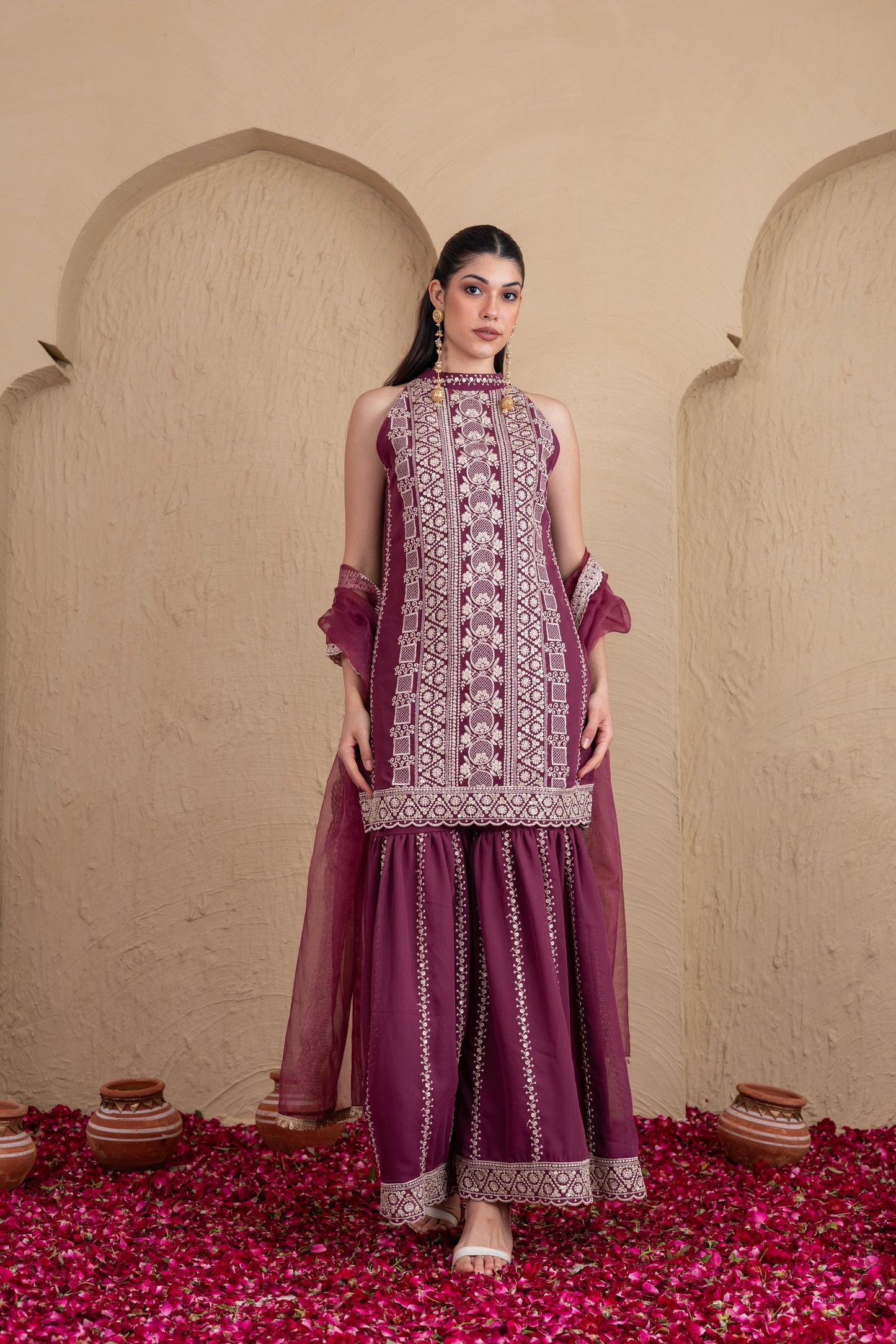 DEEP PLUM GOLD SEQUENCE HALTER SUIT SET
