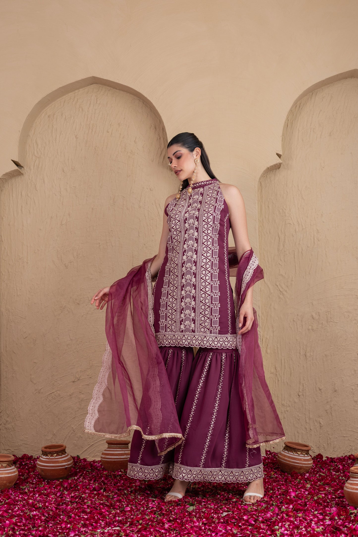 DEEP PLUM GOLD SEQUENCE HALTER SUIT SET