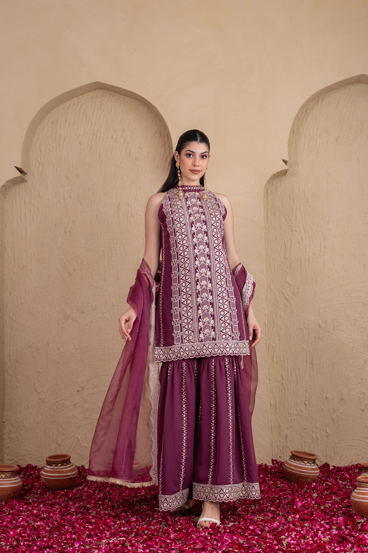DEEP PLUM GOLD SEQUENCE HALTER SUIT SET