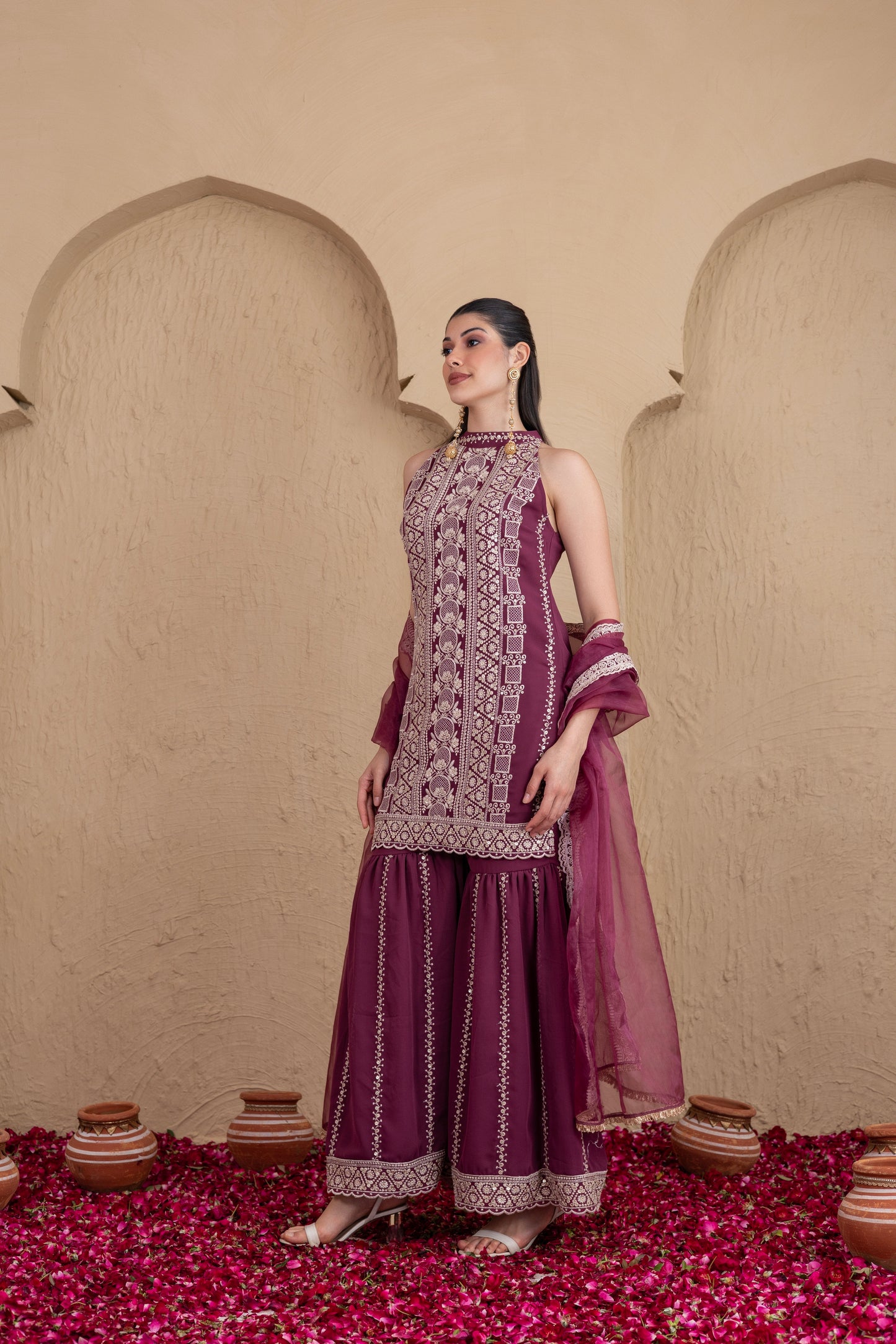 DEEP PLUM GOLD SEQUENCE HALTER SUIT SET