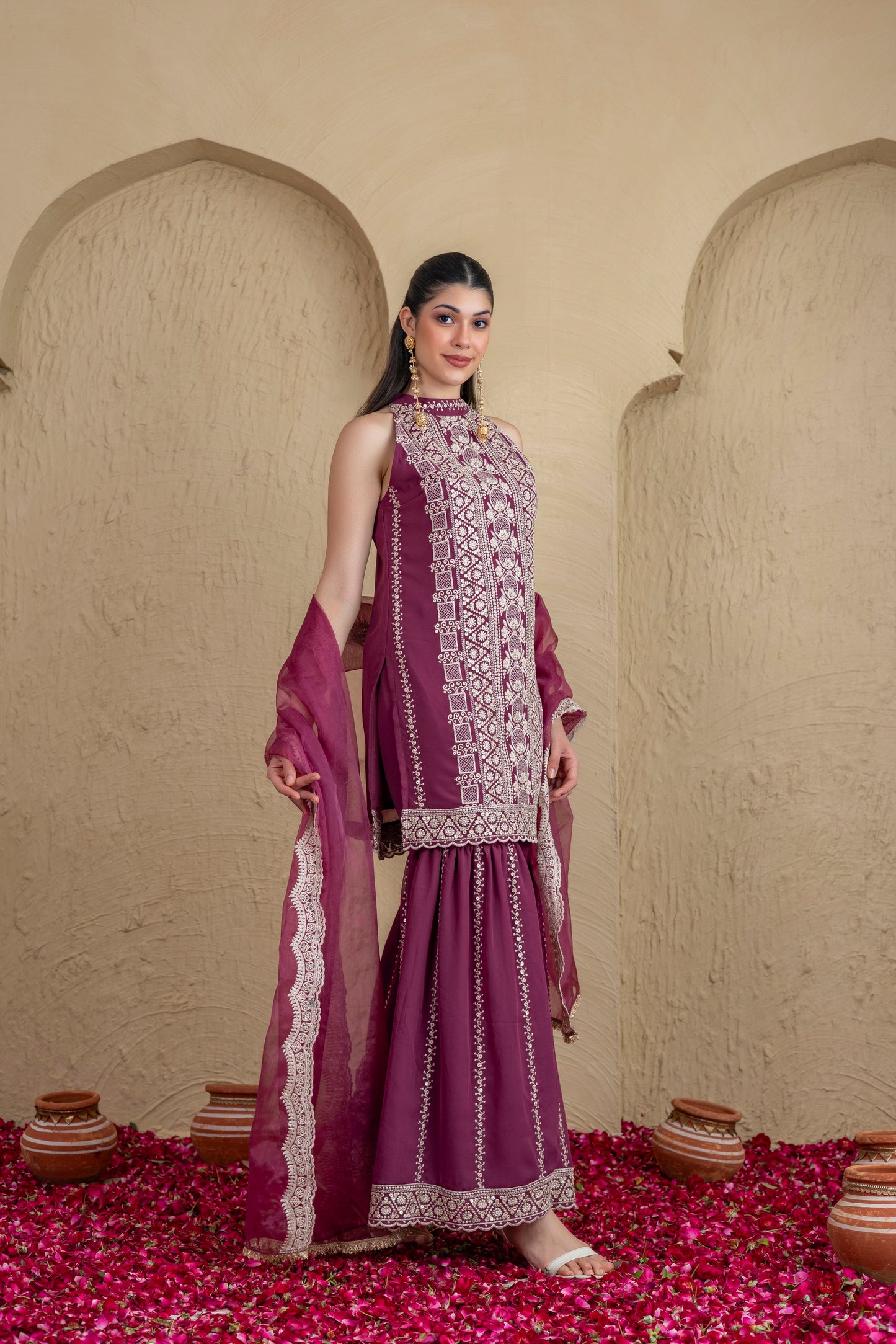DEEP PLUM GOLD SEQUENCE HALTER SUIT SET