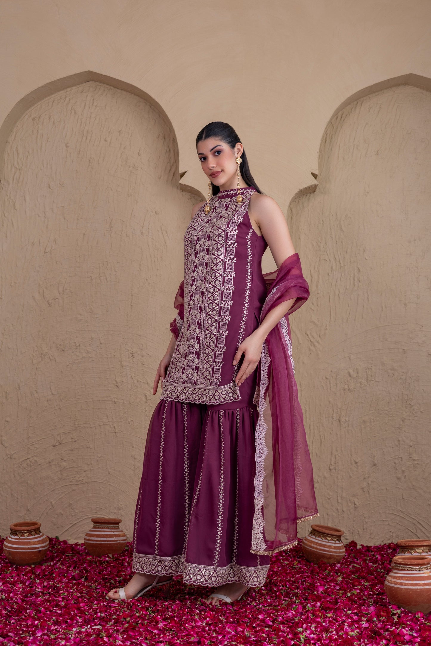 DEEP PLUM GOLD SEQUENCE HALTER SUIT SET