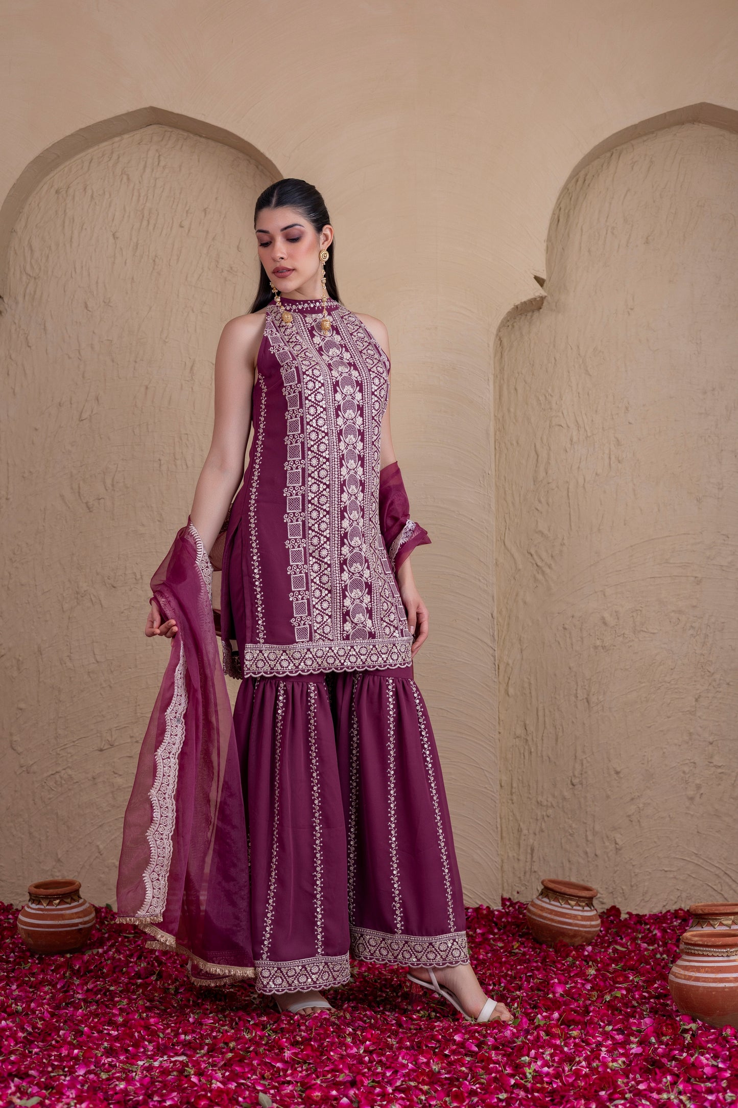 DEEP PLUM GOLD SEQUENCE HALTER SUIT SET