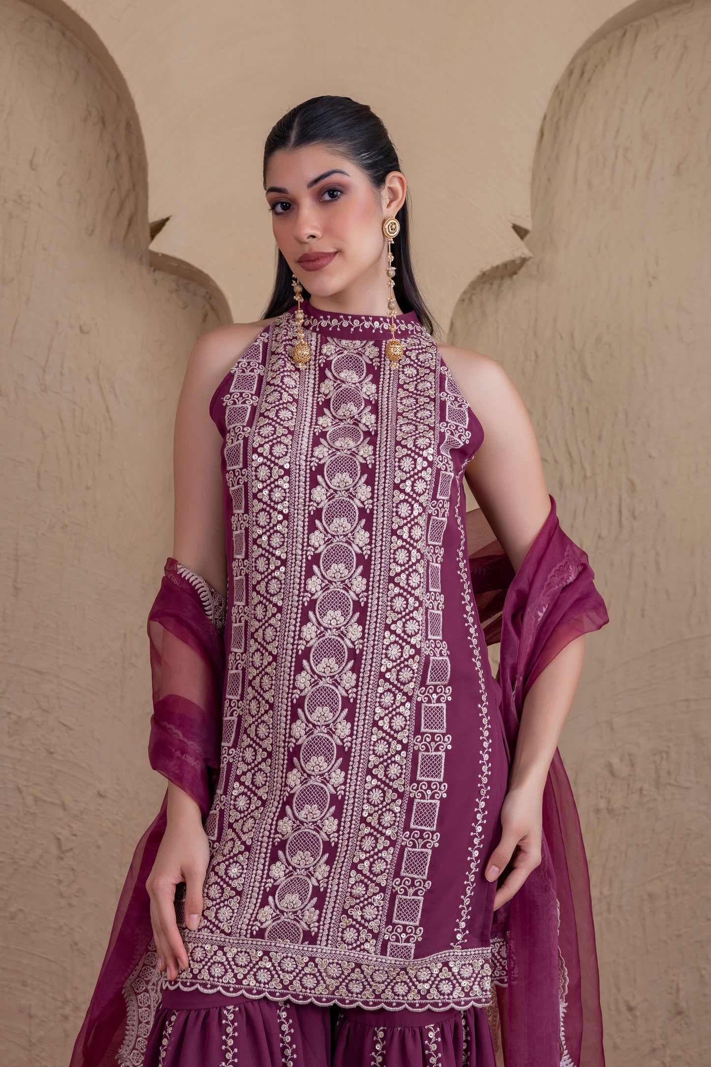 DEEP PLUM GOLD SEQUENCE HALTER SUIT SET