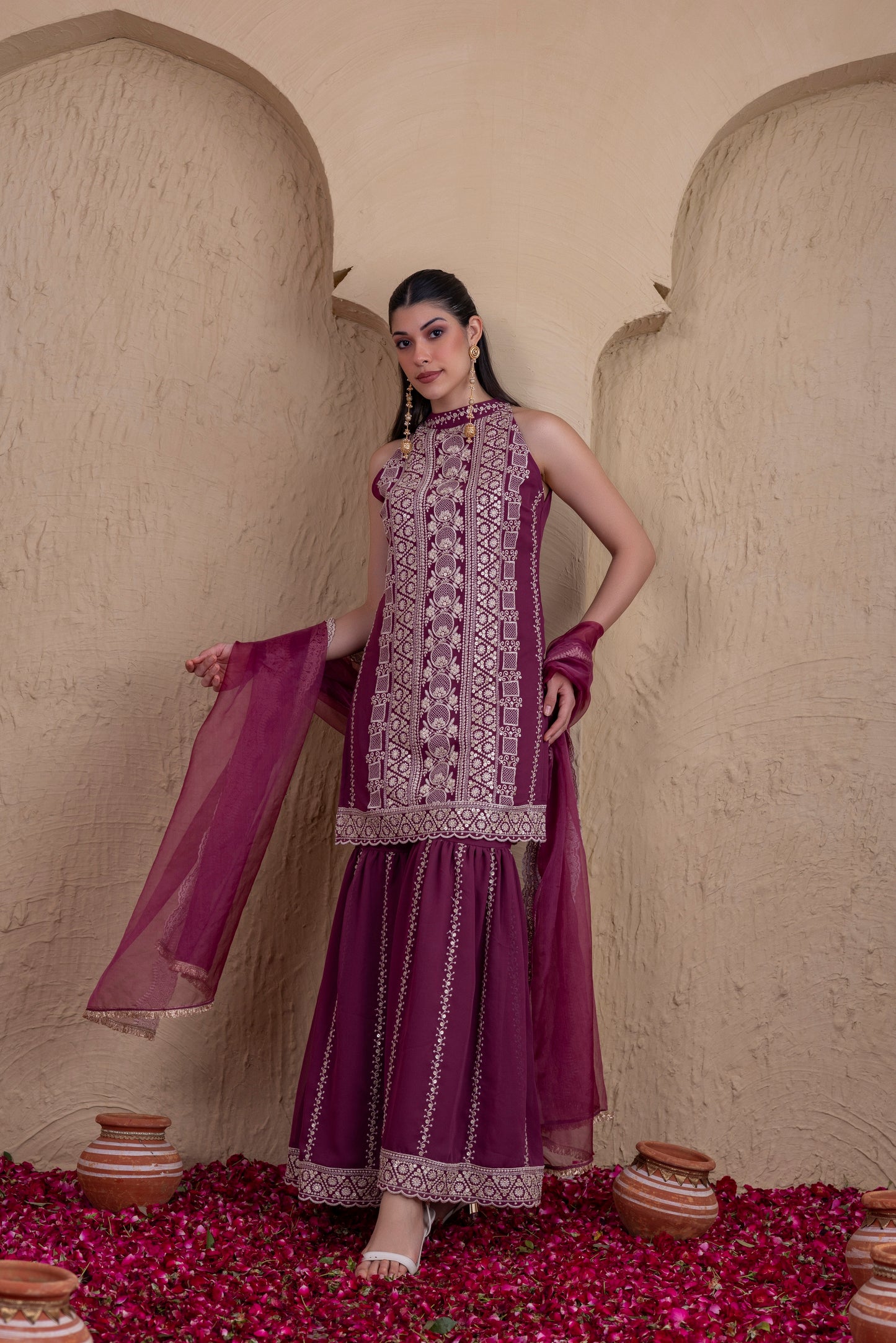 DEEP PLUM GOLD SEQUENCE HALTER SUIT SET