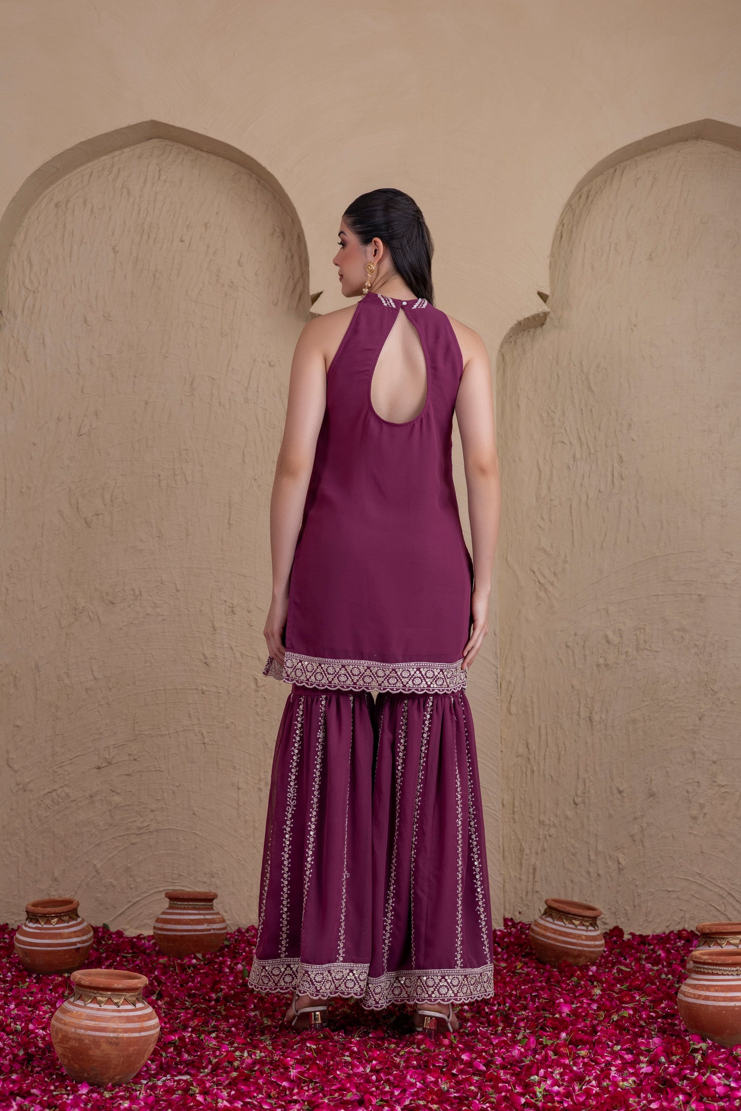 DEEP PLUM GOLD SEQUENCE HALTER SUIT SET
