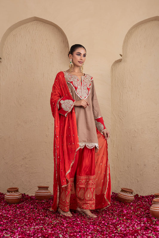 RED GOTA NECK WITH ALMOND FARSHI SALWAR SUIT SET