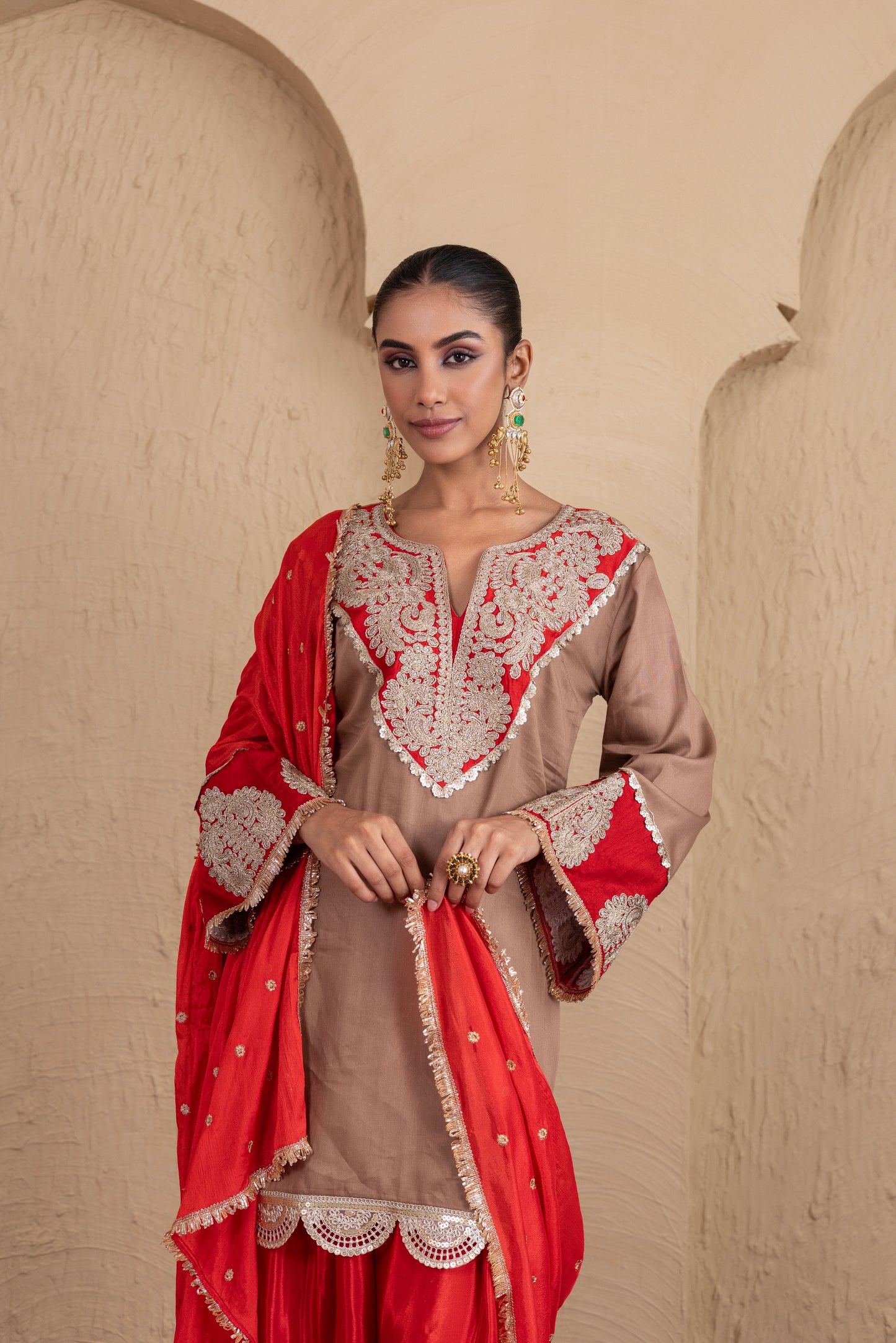 RED GOTA NECK WITH ALMOND FARSHI SALWAR SUIT SET
