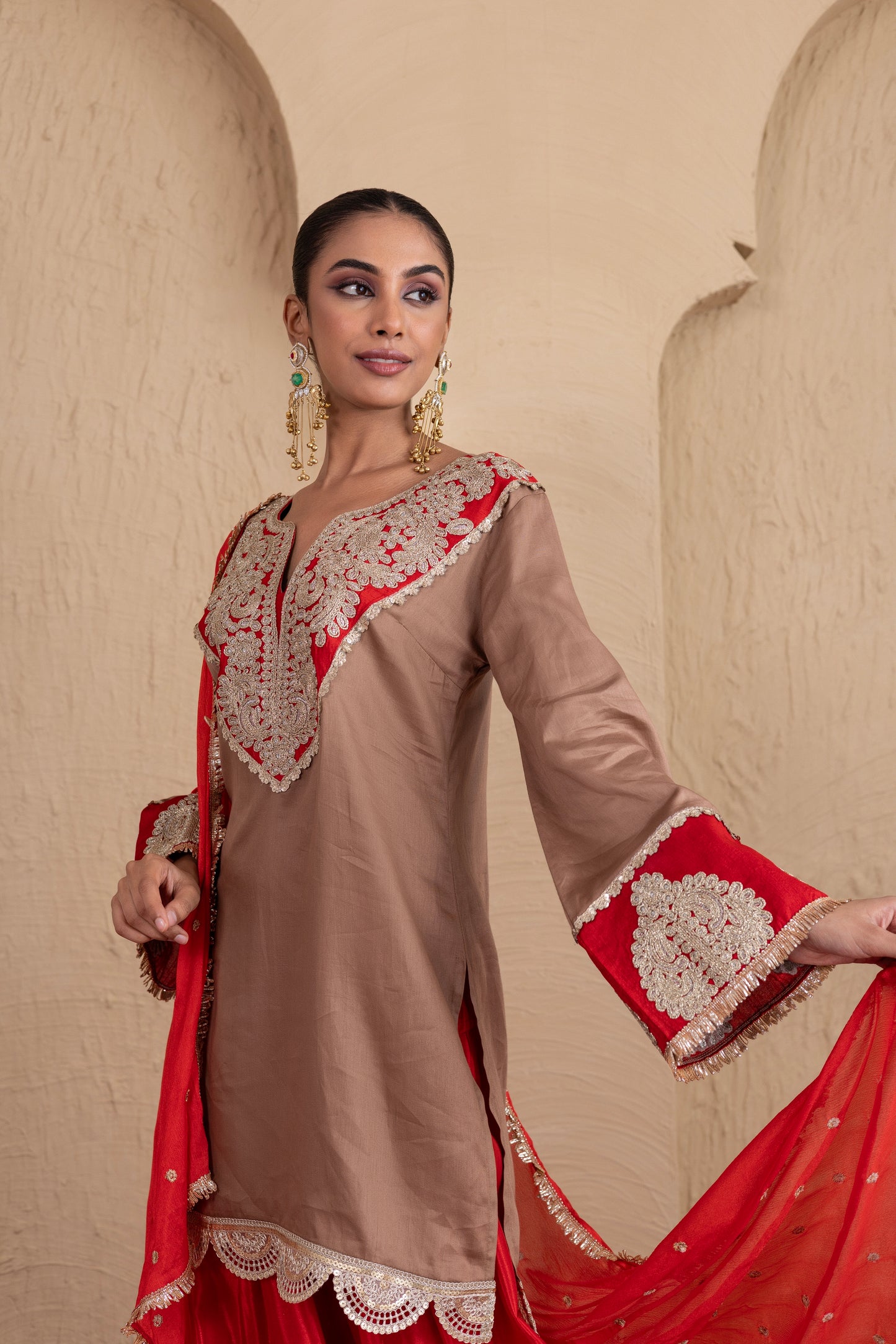 RED GOTA NECK WITH ALMOND FARSHI SALWAR SUIT SET