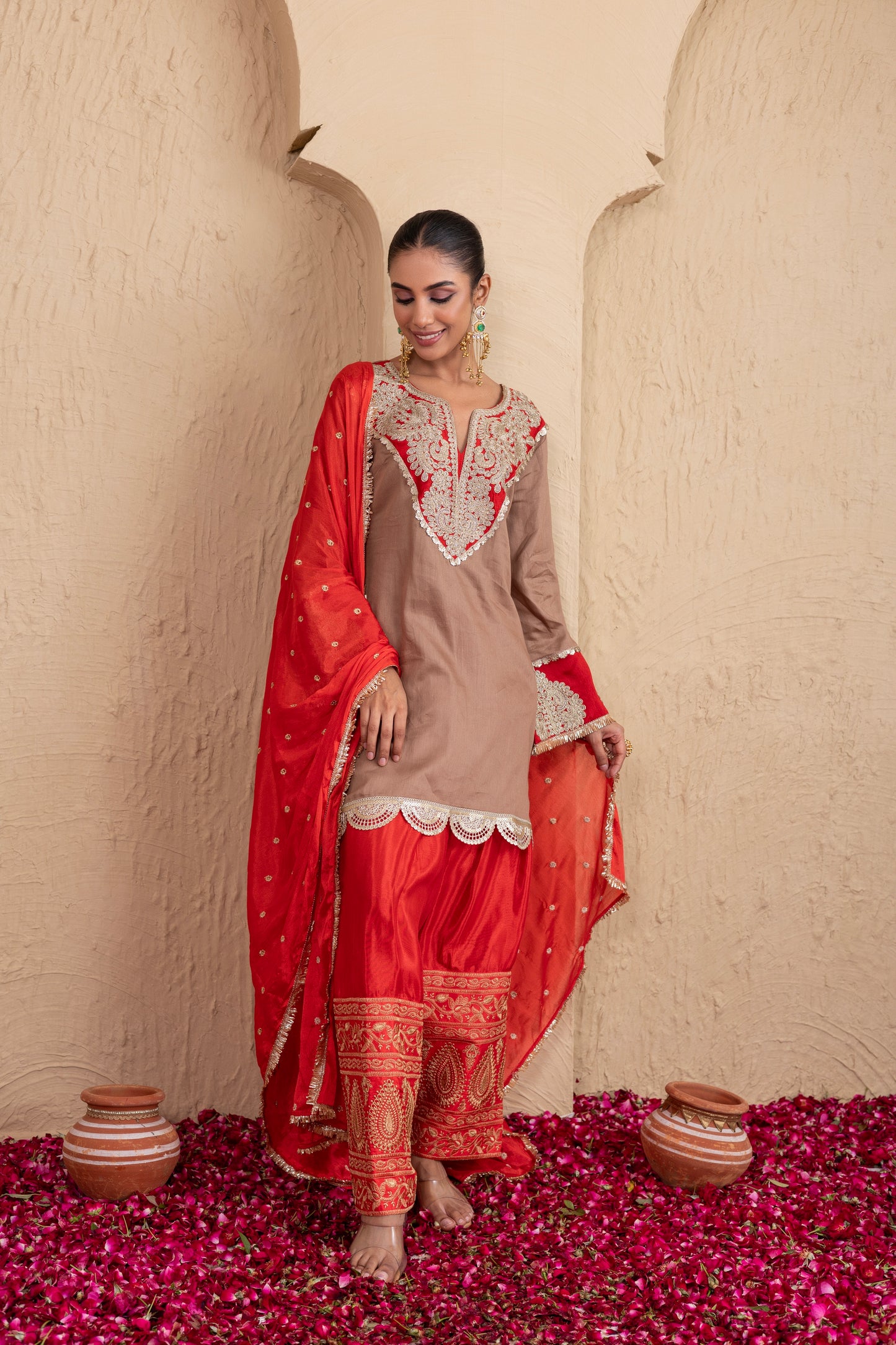 RED GOTA NECK WITH ALMOND FARSHI SALWAR SUIT SET