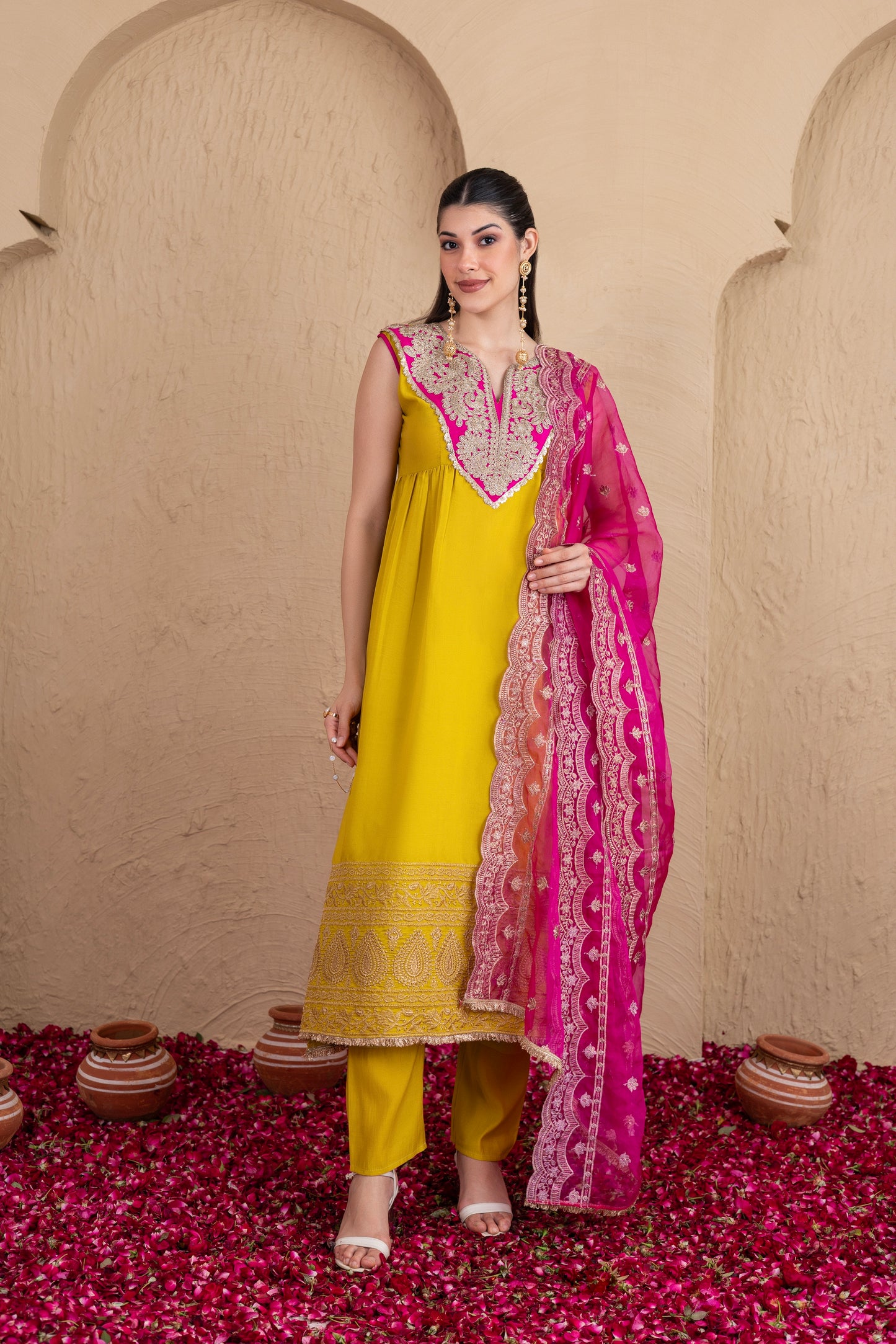 LIME GOTA WITH MAGENTA EMBROIDERED SUIT SET