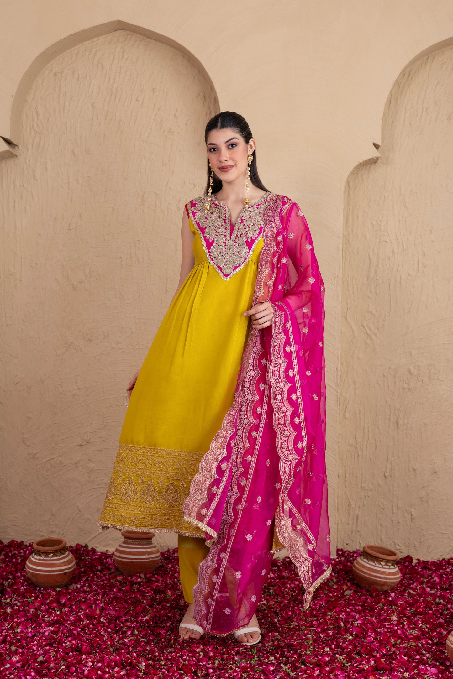 LIME GOTA WITH MAGENTA EMBROIDERED SUIT SET