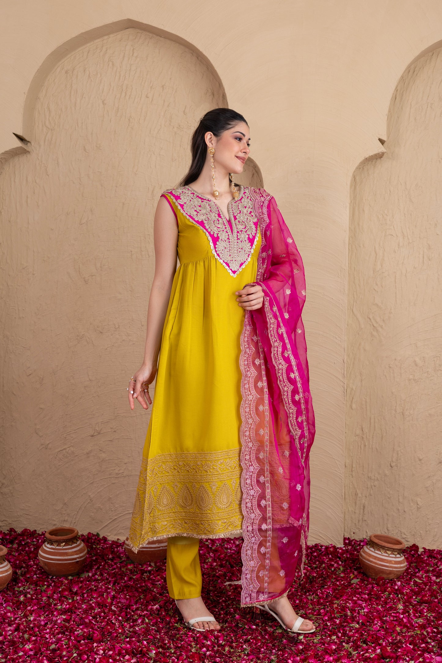 LIME GOTA WITH MAGENTA EMBROIDERED SUIT SET