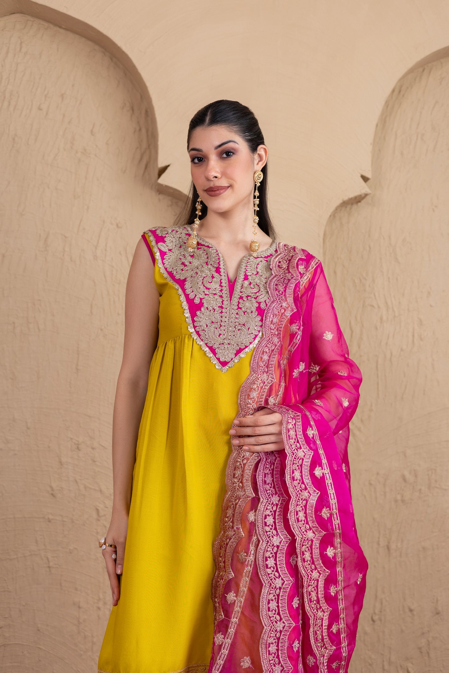 LIME GOTA WITH MAGENTA EMBROIDERED SUIT SET
