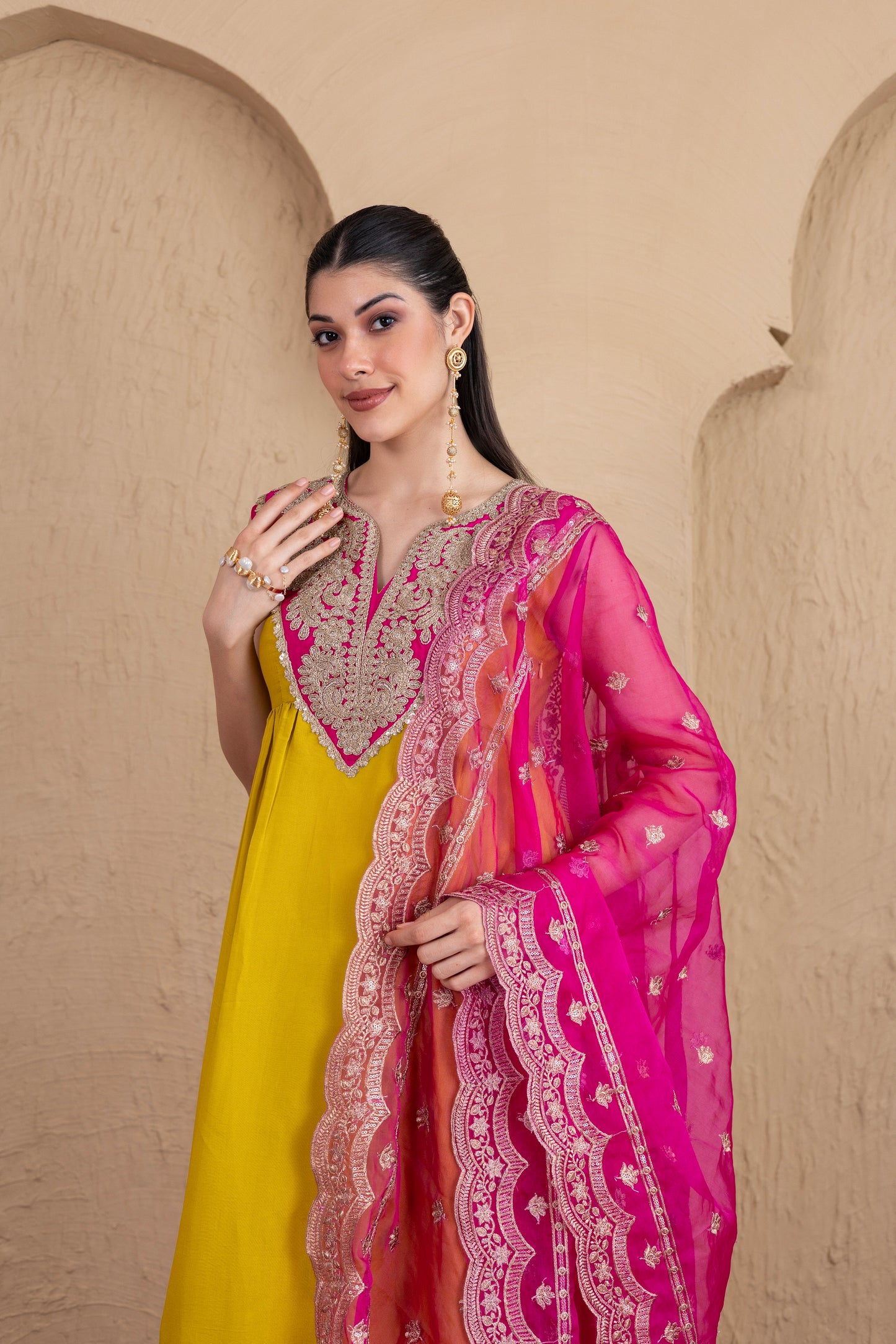 LIME GOTA WITH MAGENTA EMBROIDERED SUIT SET