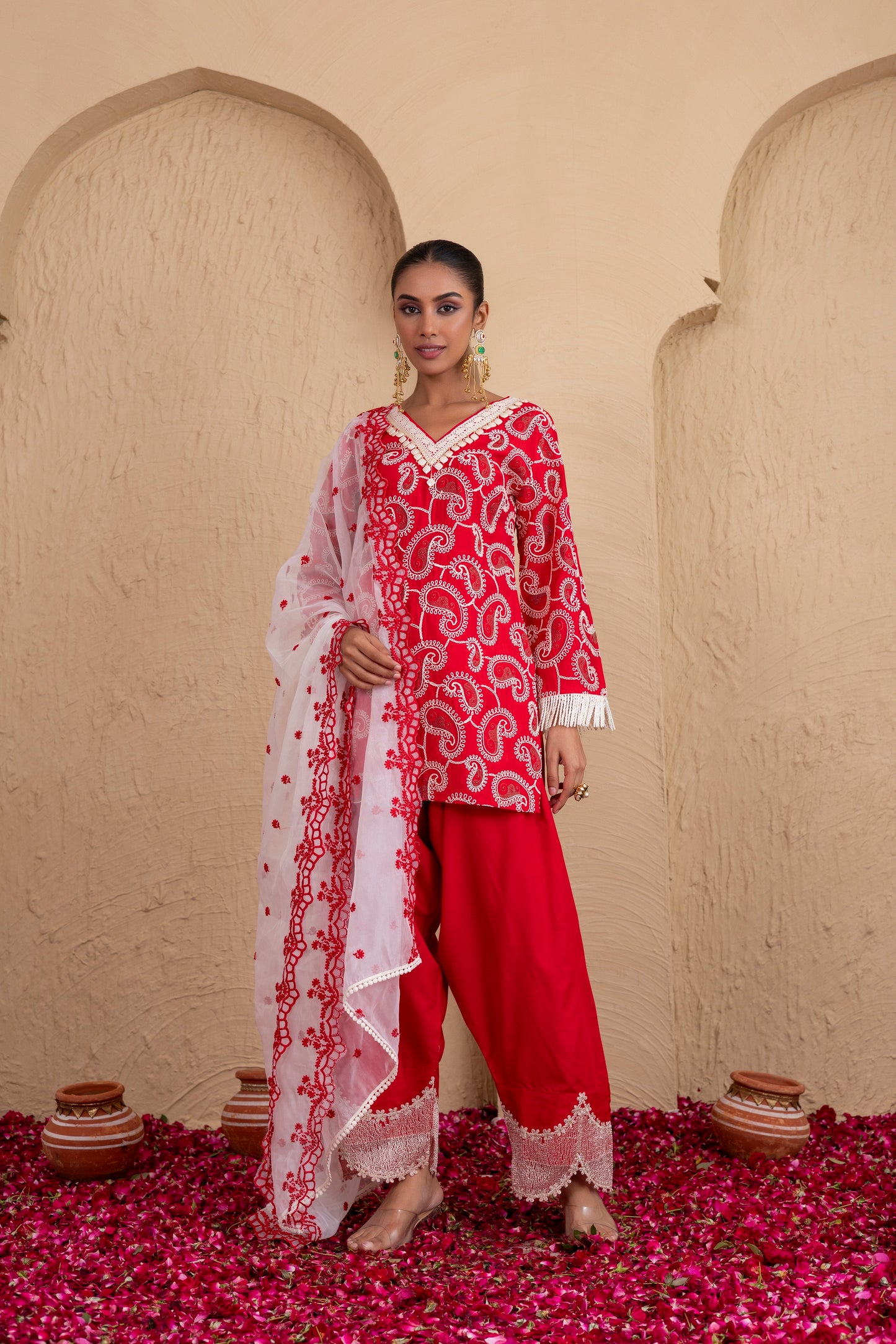 RED AND CREAM PAISLEY EMBROIDERED SUIT SET