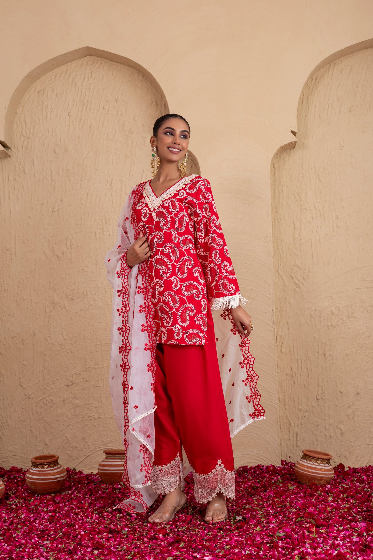 RED AND CREAM PAISLEY EMBROIDERED SUIT SET
